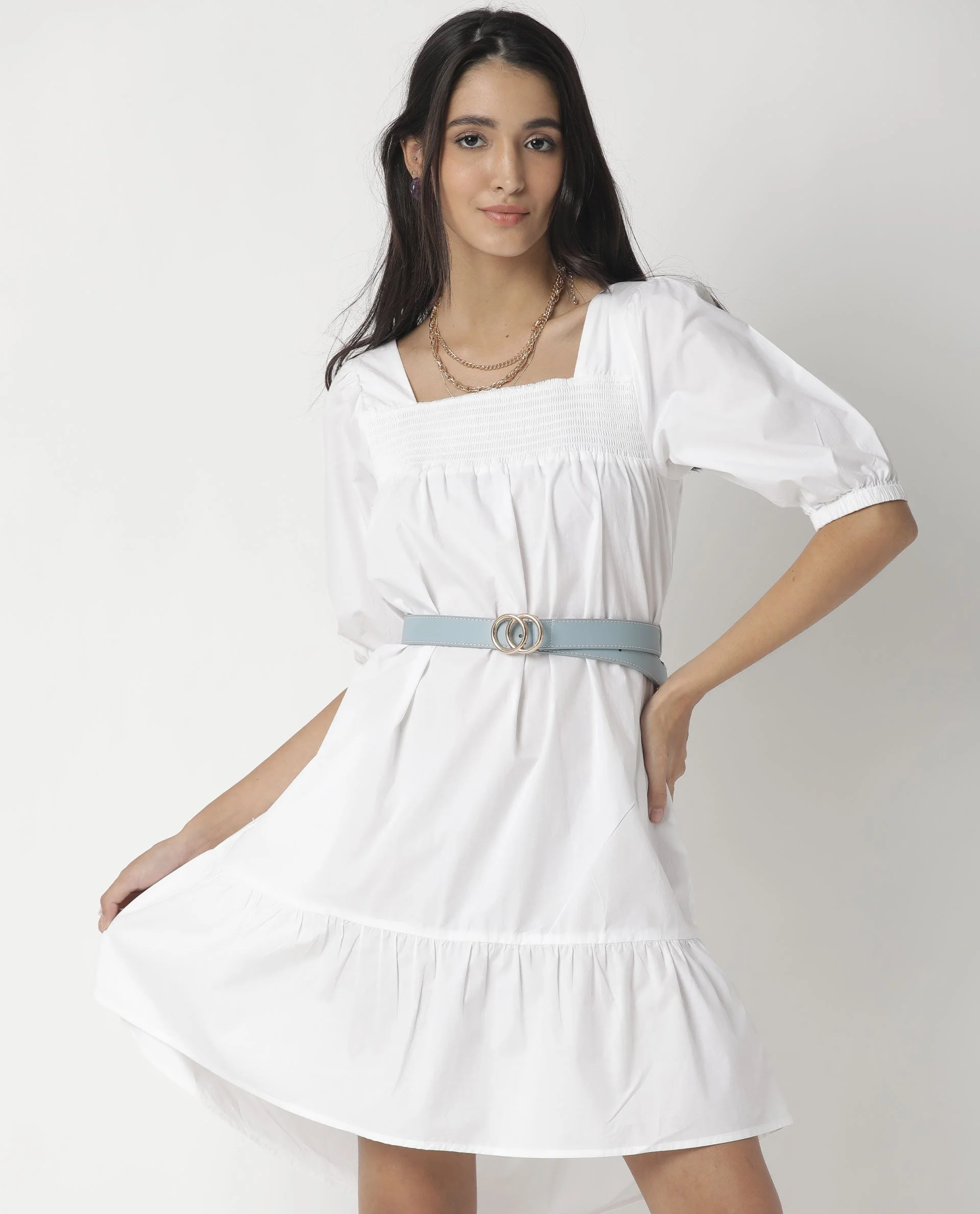 Rareism Womens Tapo White Dress Cotton Fabric Regular Fit Half Sleeve Square Neck - Image 10