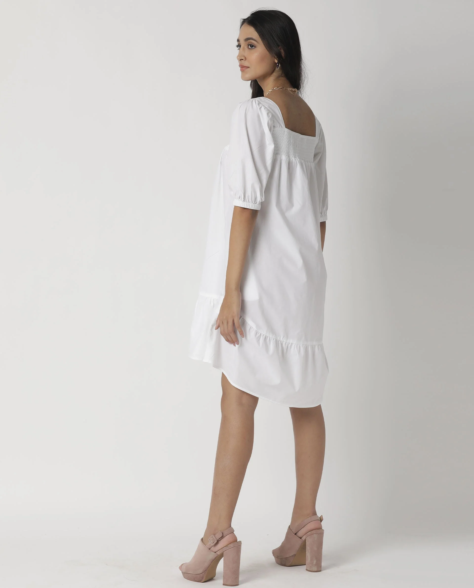 Rareism Womens Tapo White Dress Cotton Fabric Regular Fit Half Sleeve Square Neck - Image 11
