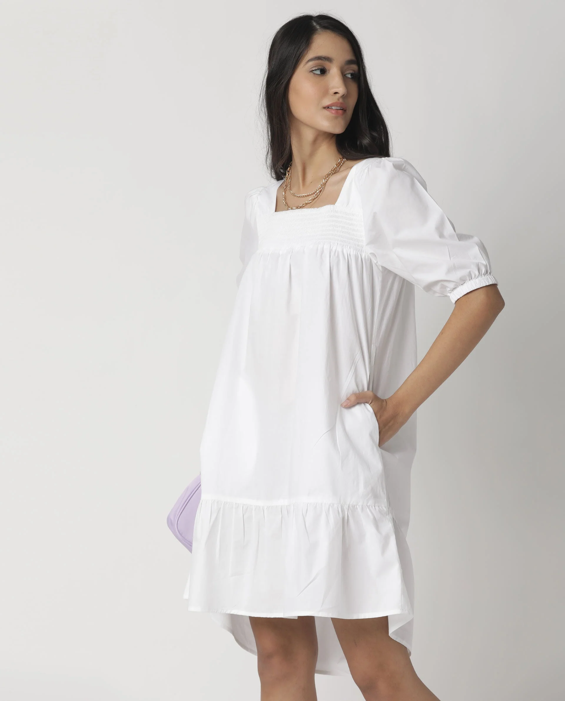 Rareism Womens Tapo White Dress Cotton Fabric Regular Fit Half Sleeve Square Neck - Image 7