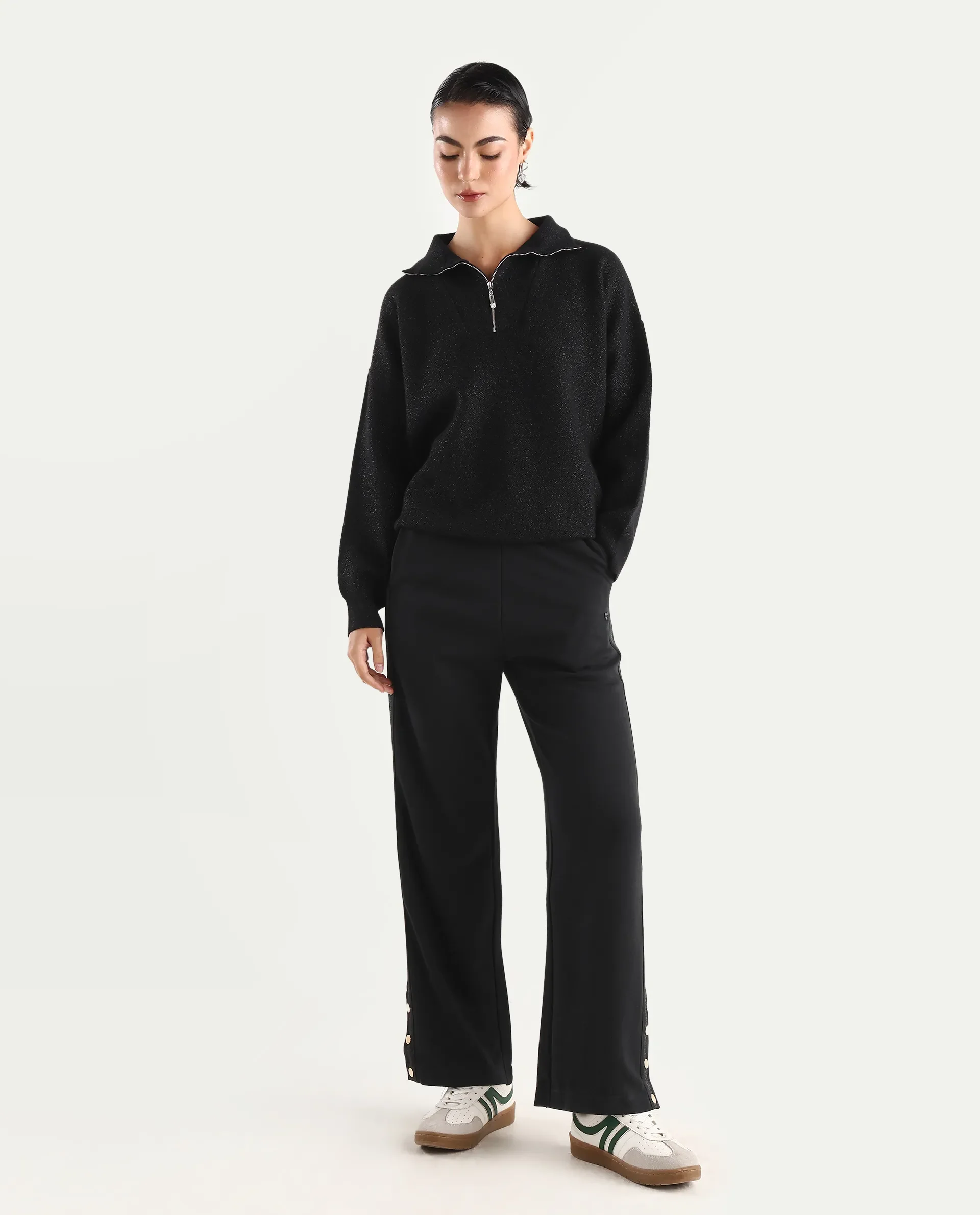 Rareism Women's Tappy Black Cotton Blend Plain Ankle Length Regular Fit Track Pant - Image 3
