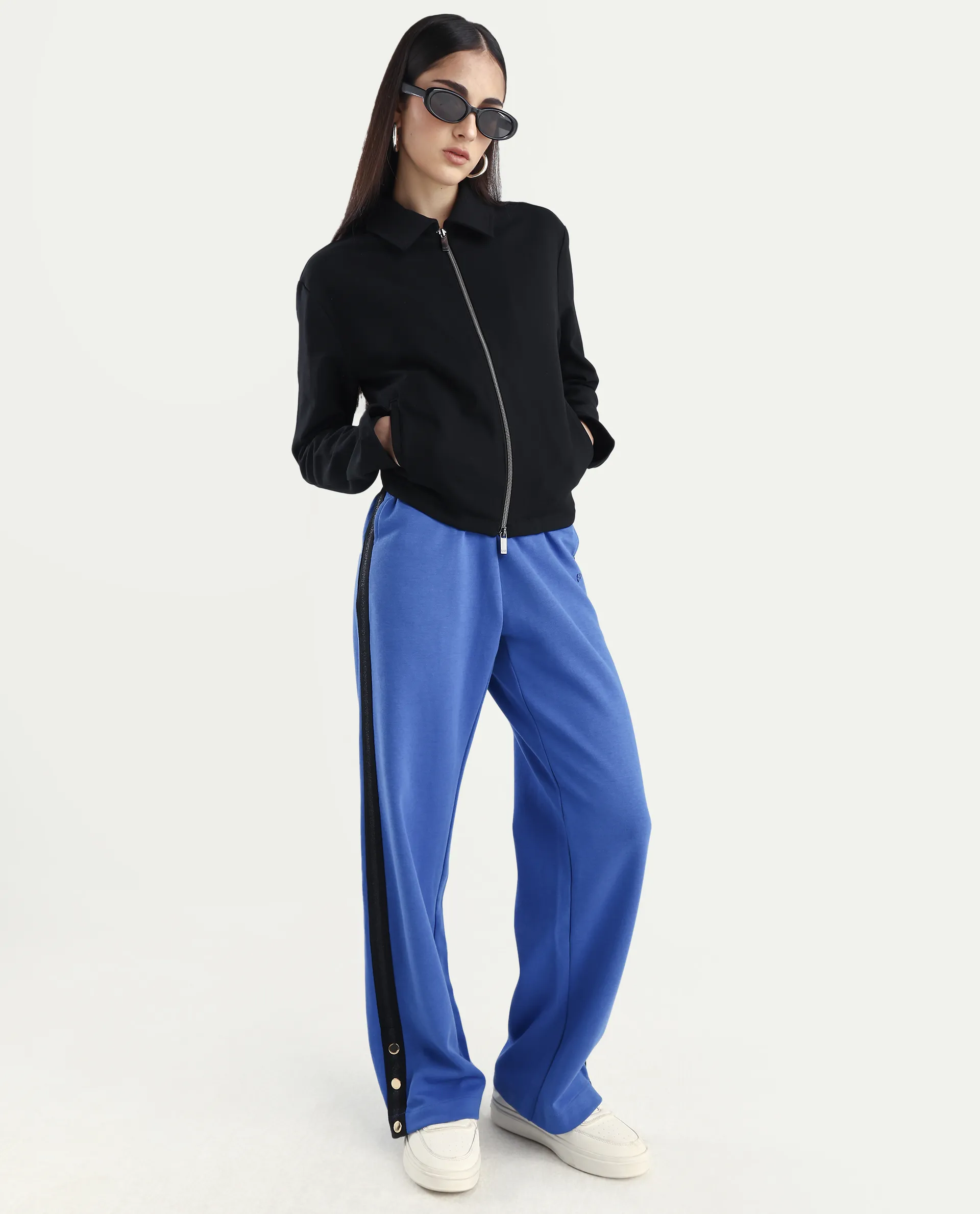 Rareism Women's Tappy Blue Cotton Blend Plain Ankle Length Regular Fit Track Pant