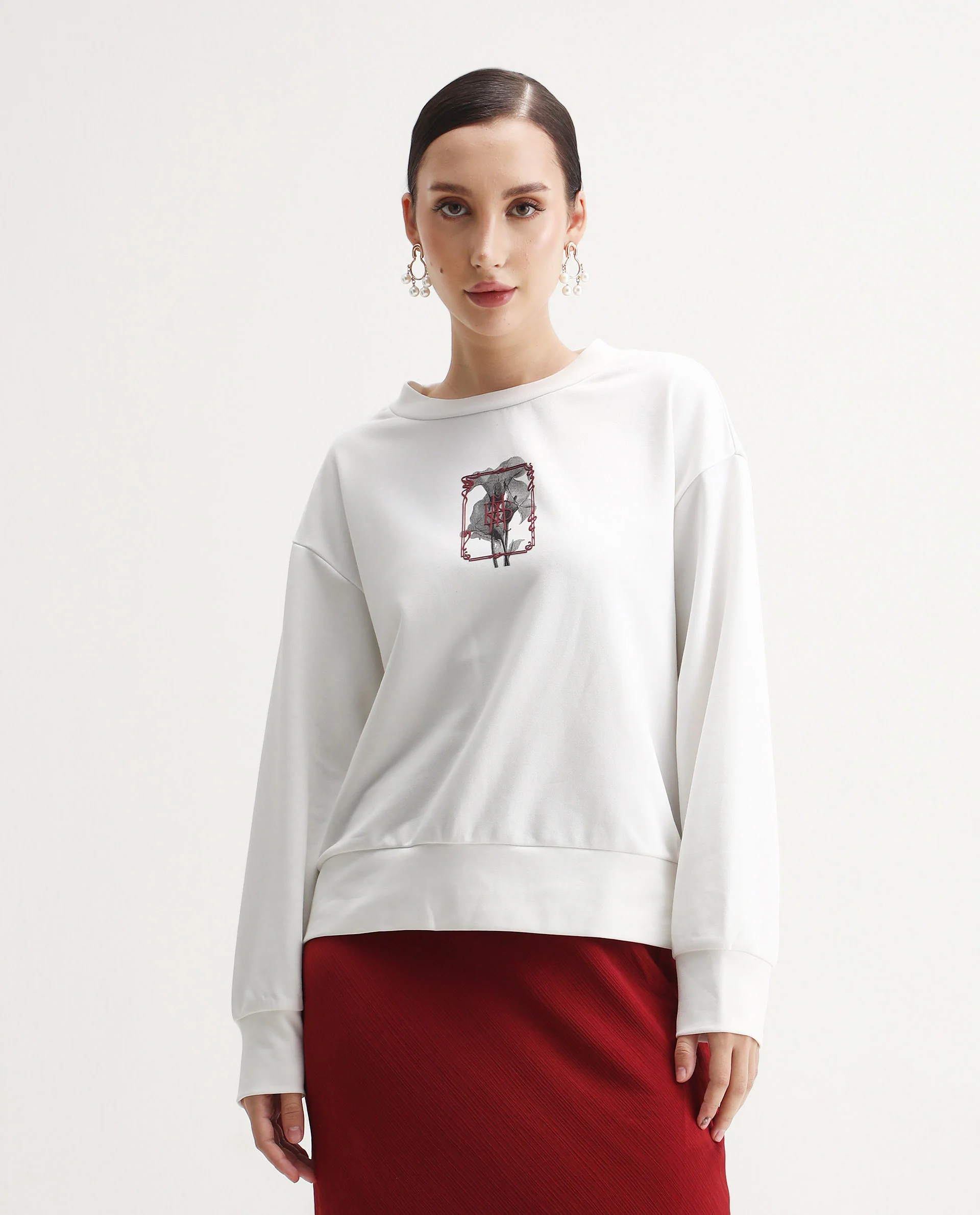 Rareism Women's Taq Off White Cotton Blend Crew Neck Relaxed Fit Graphic Print Sweatshirt - Image 3