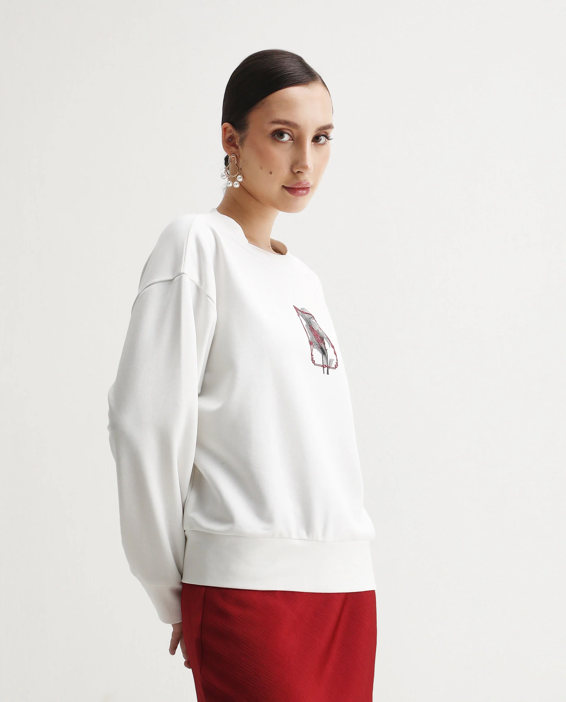 Rareism Women's Taq Off White Cotton Blend Crew Neck Relaxed Fit Graphic Print Sweatshirt - Image 6