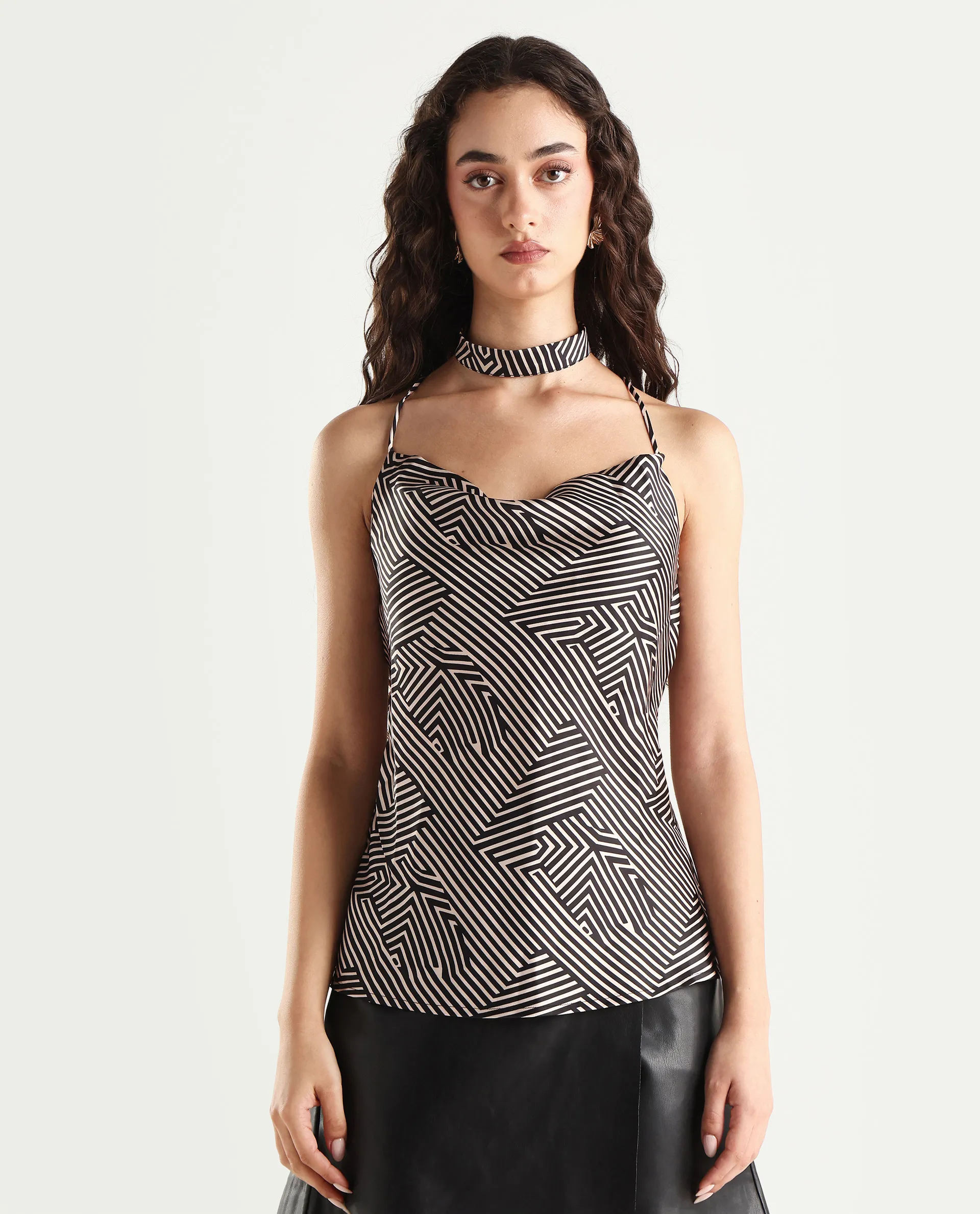 Rareism Women's Tarano Black Cotton Blend Cowl Neck Geometric Print Shoulder Strap Regular Fit Top - Image 3