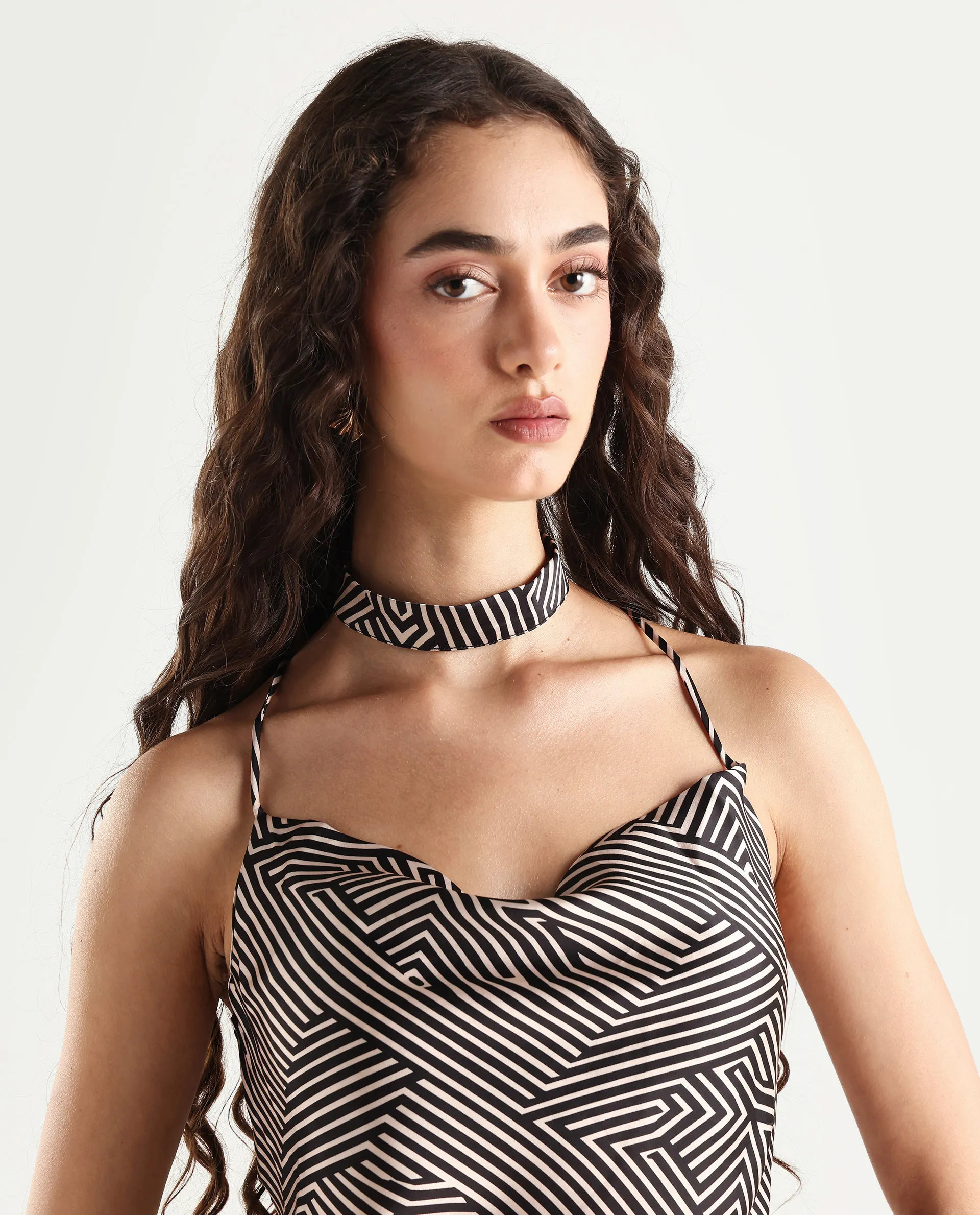 Rareism Women's Tarano Black Cotton Blend Cowl Neck Geometric Print Shoulder Strap Regular Fit Top - Image 4