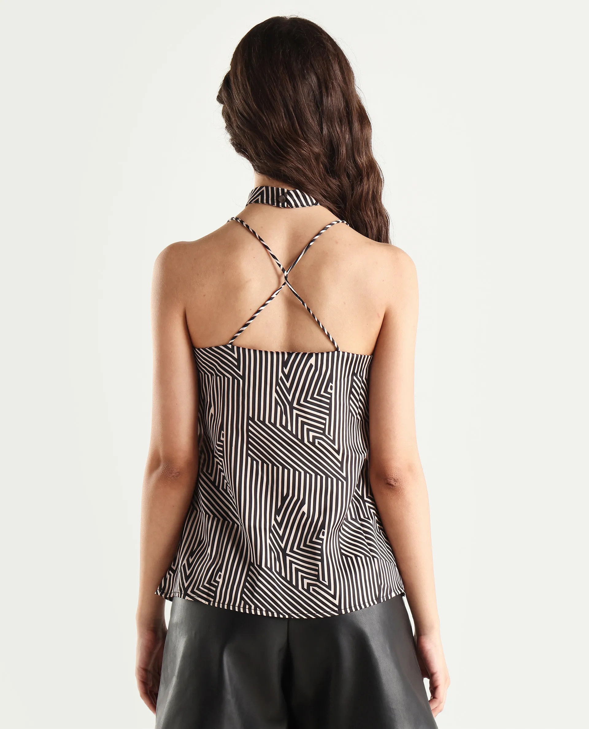 Rareism Women's Tarano Black Cotton Blend Cowl Neck Geometric Print Shoulder Strap Regular Fit Top - Image 8