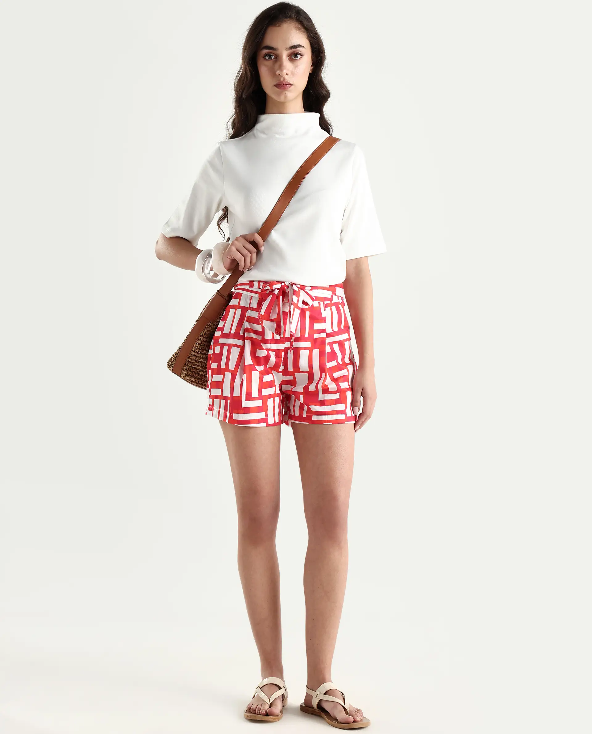 Rareism Women's Taranto Red Cotton Blend Geometric Print Mini Regular Fit Shorts