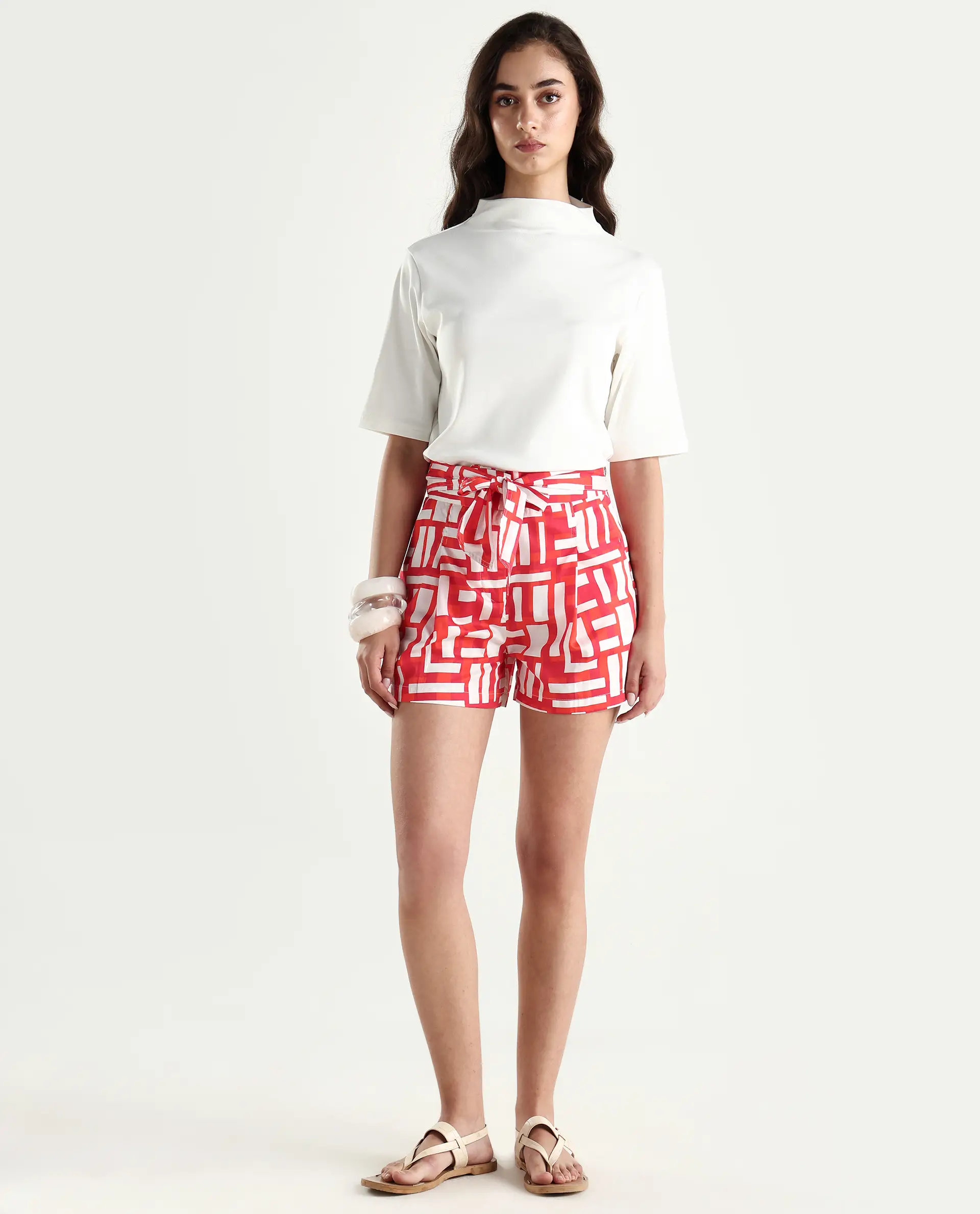 Rareism Women's Taranto Red Cotton Blend Geometric Print Mini Regular Fit Shorts - Image 3