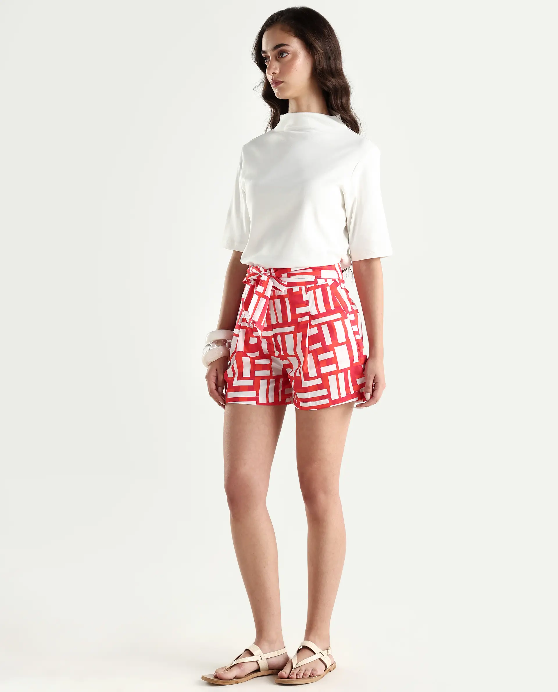 Rareism Women's Taranto Red Cotton Blend Geometric Print Mini Regular Fit Shorts - Image 5