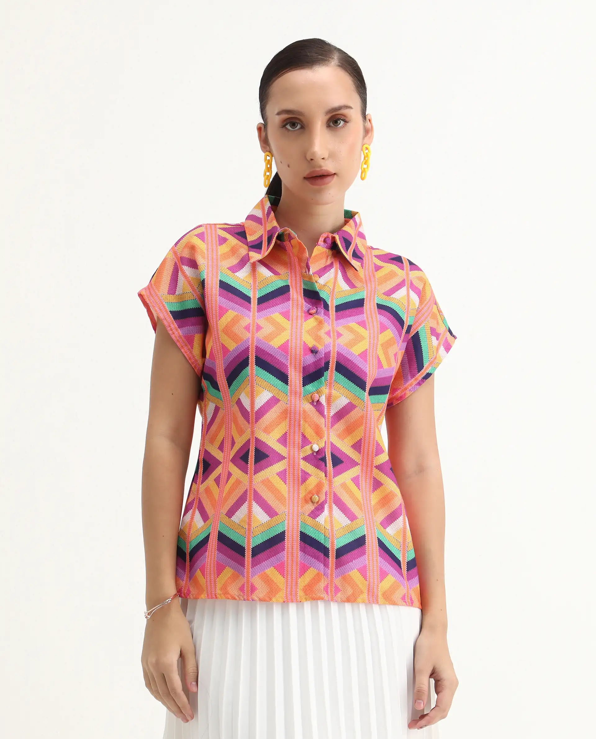 Rareism Women's Tarasa Multi Linen Spread Collar Geometric Print Extended Sleeves Regular Fit Top - Image 2
