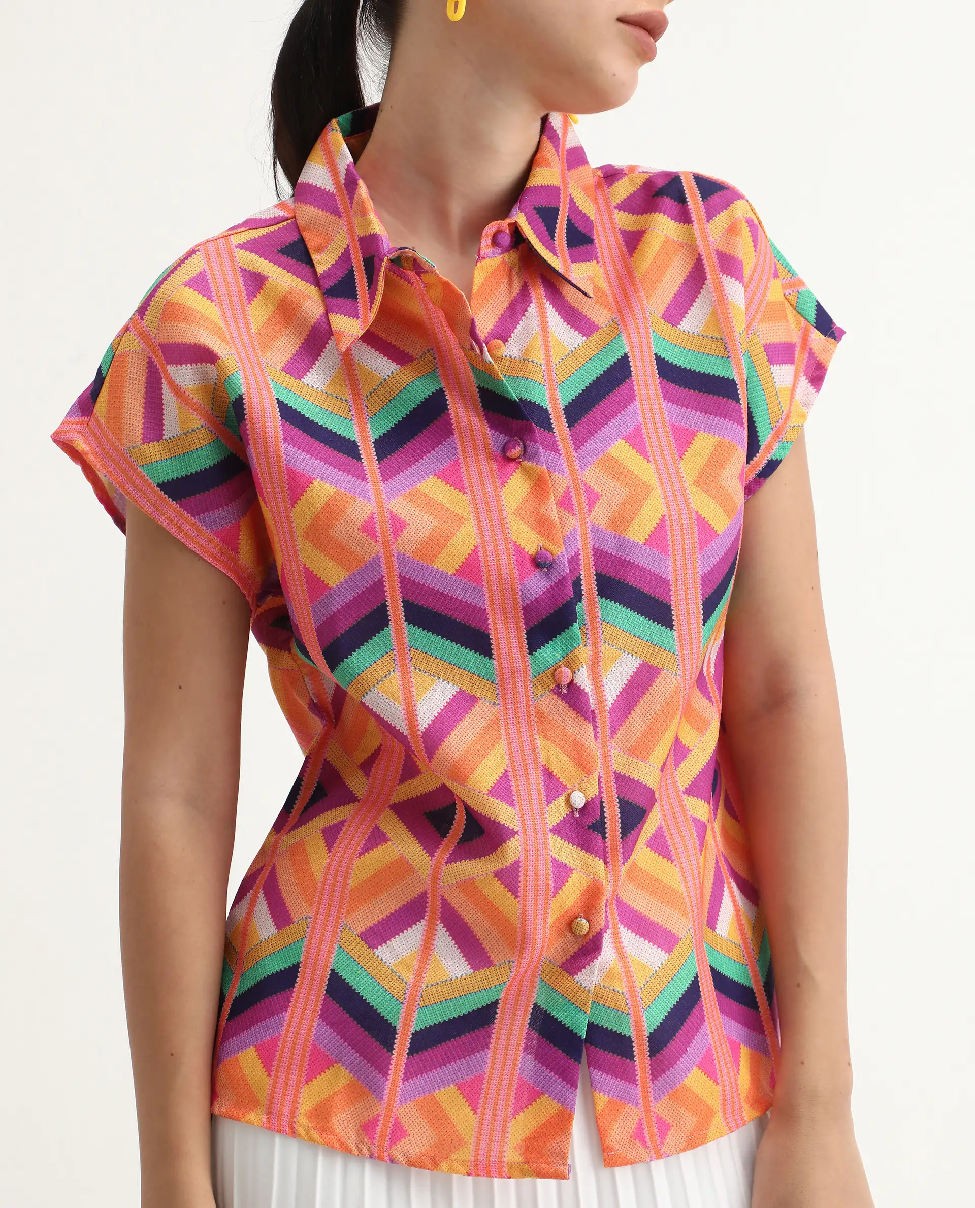 Rareism Women's Tarasa Multi Linen Spread Collar Geometric Print Extended Sleeves Regular Fit Top - Image 3
