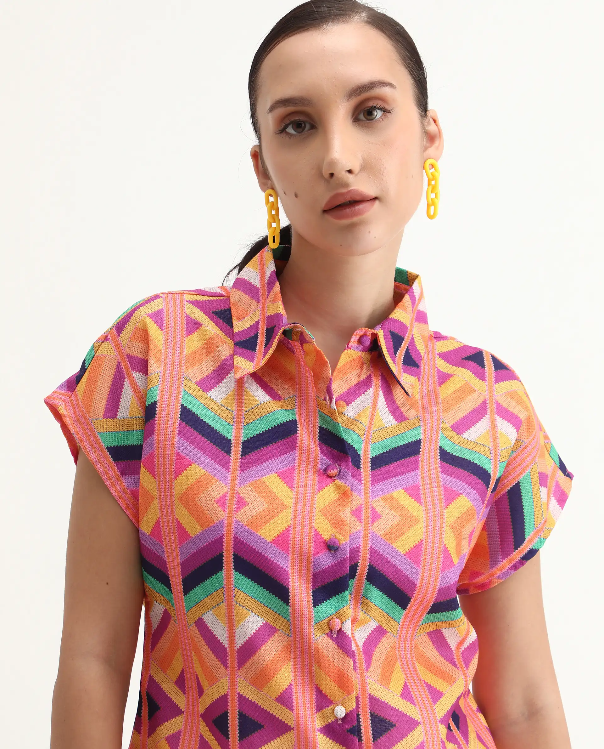 Rareism Women's Tarasa Multi Linen Spread Collar Geometric Print Extended Sleeves Regular Fit Top - Image 4