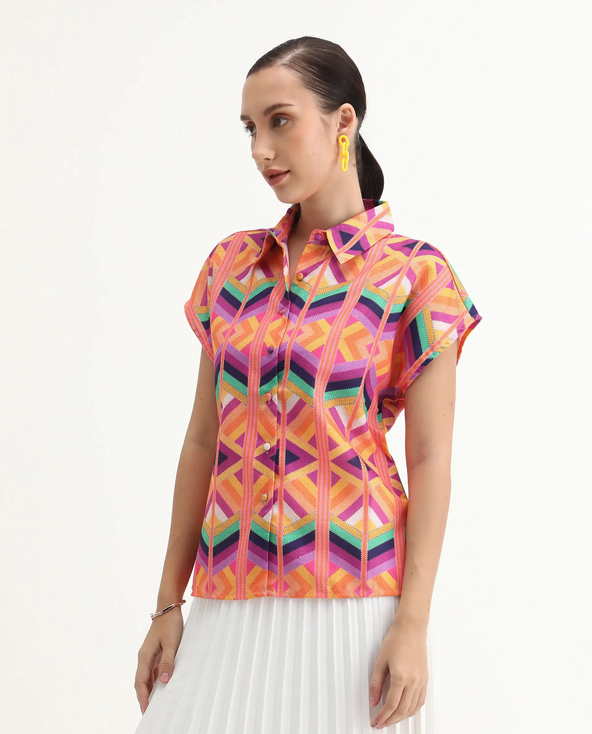 Rareism Women's Tarasa Multi Linen Spread Collar Geometric Print Extended Sleeves Regular Fit Top - Image 5