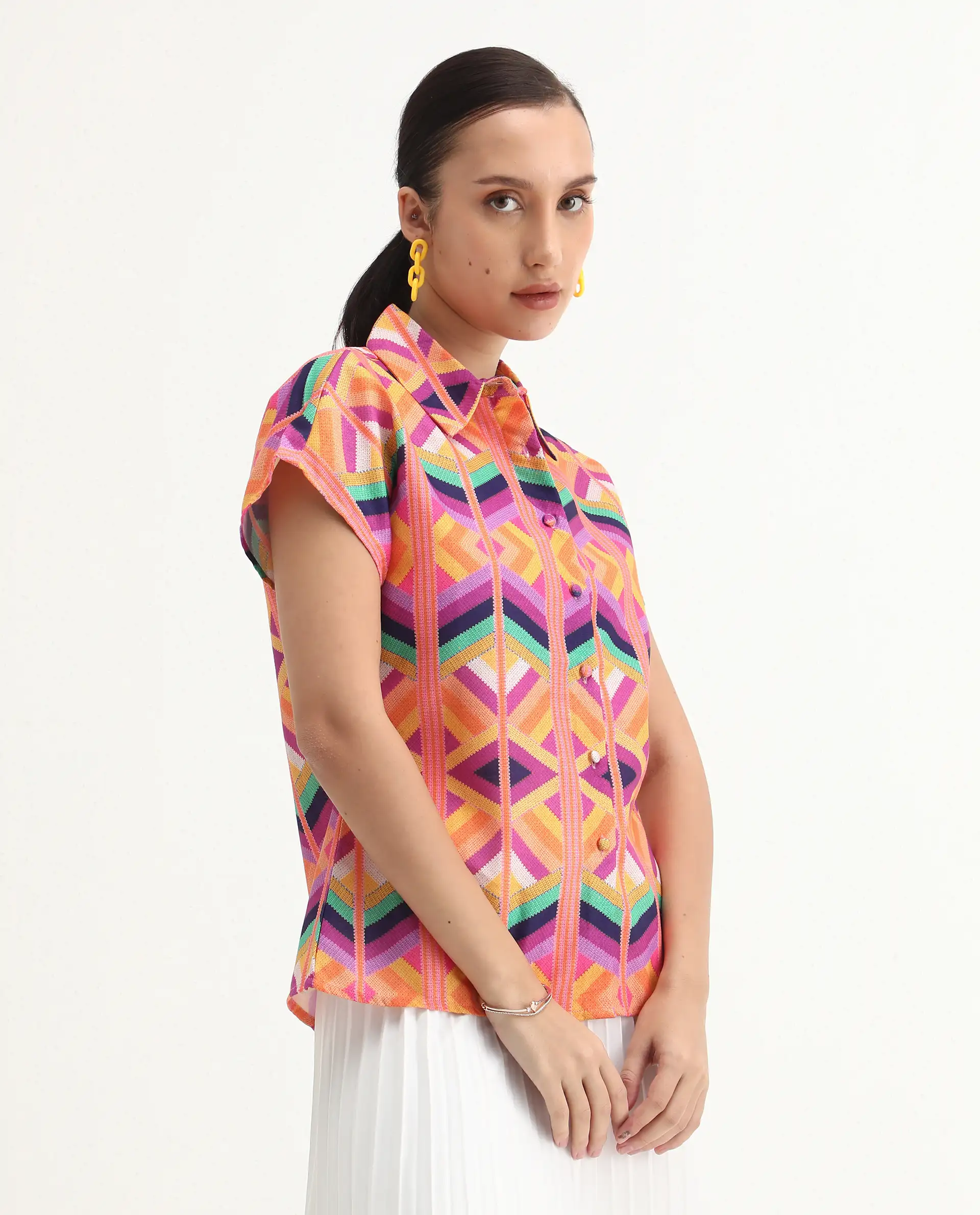 Rareism Women's Tarasa Multi Linen Spread Collar Geometric Print Extended Sleeves Regular Fit Top - Image 6