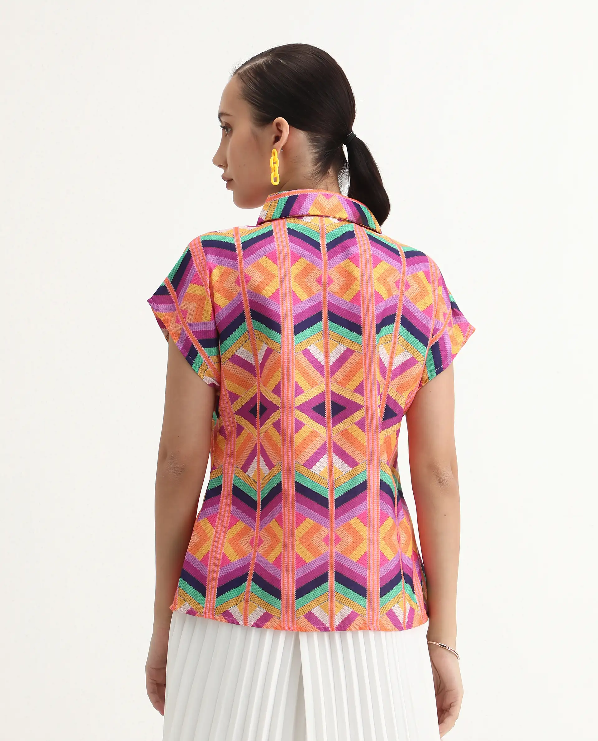 Rareism Women's Tarasa Multi Linen Spread Collar Geometric Print Extended Sleeves Regular Fit Top - Image 8