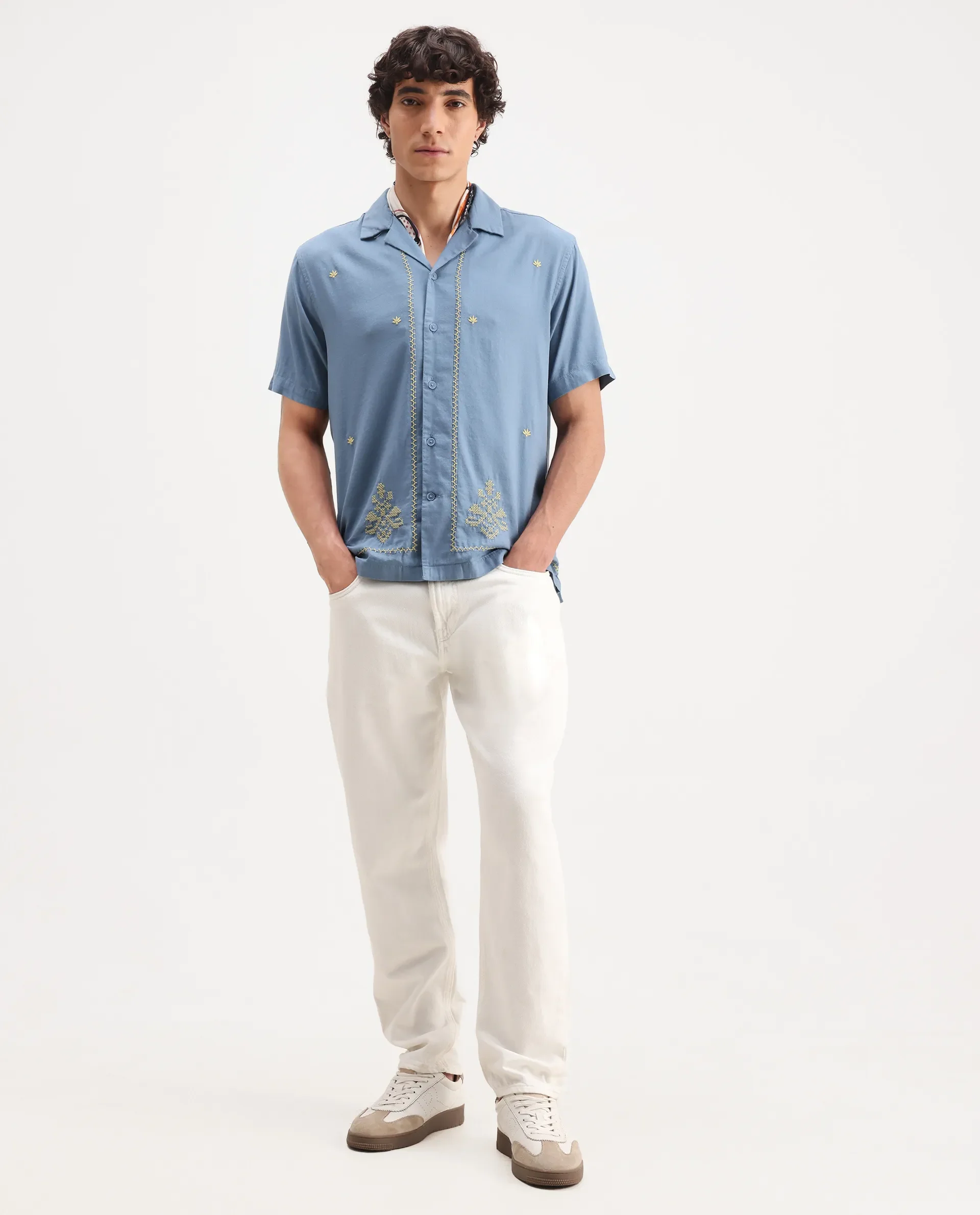 Rare Rabbit Men's Tared Dusky Blue Cotton Embroidered Boxy Fit Half Sleeve Cuban Collar Shirt - Image 2