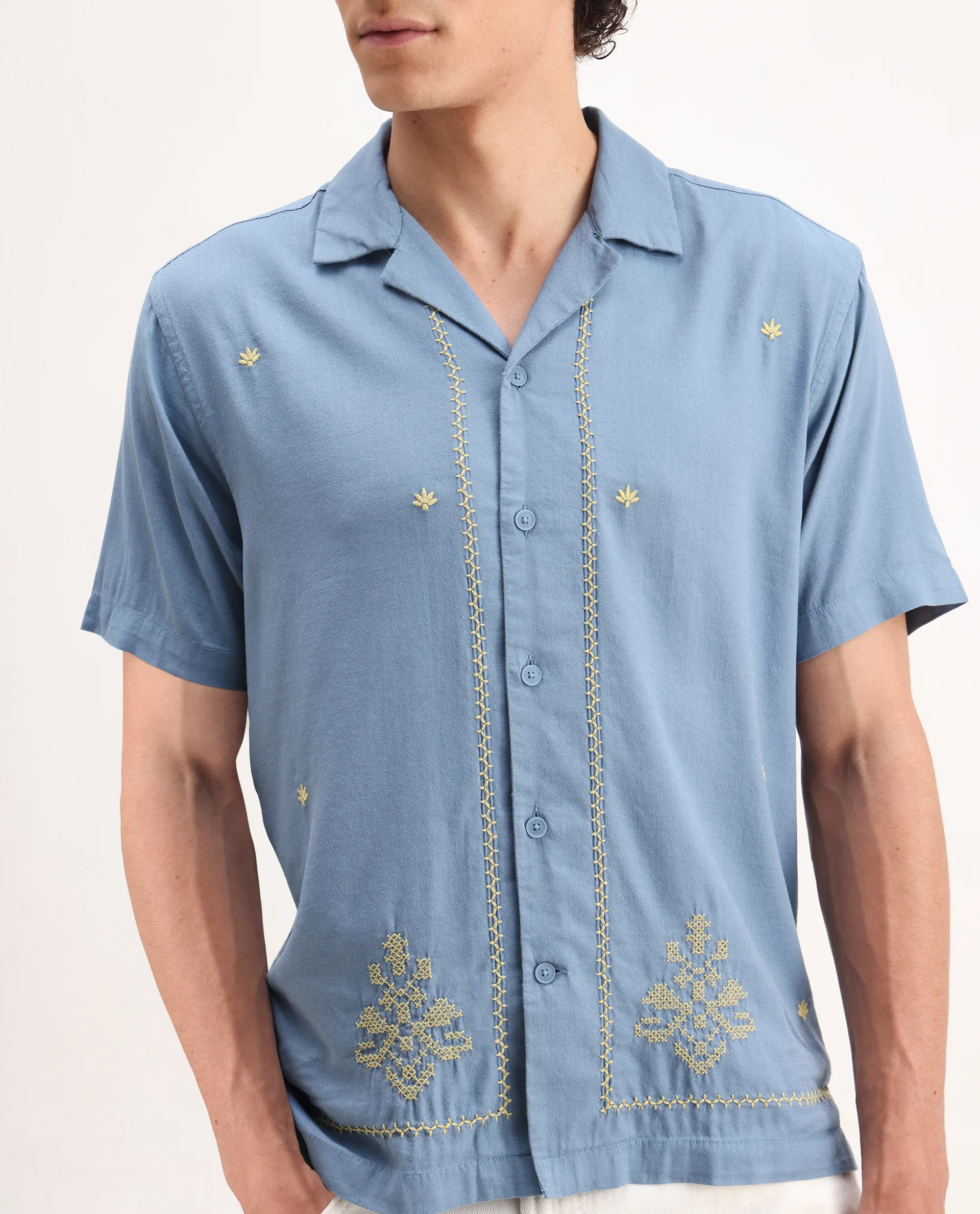 Rare Rabbit Men's Tared Dusky Blue Cotton Embroidered Boxy Fit Half Sleeve Cuban Collar Shirt - Image 3
