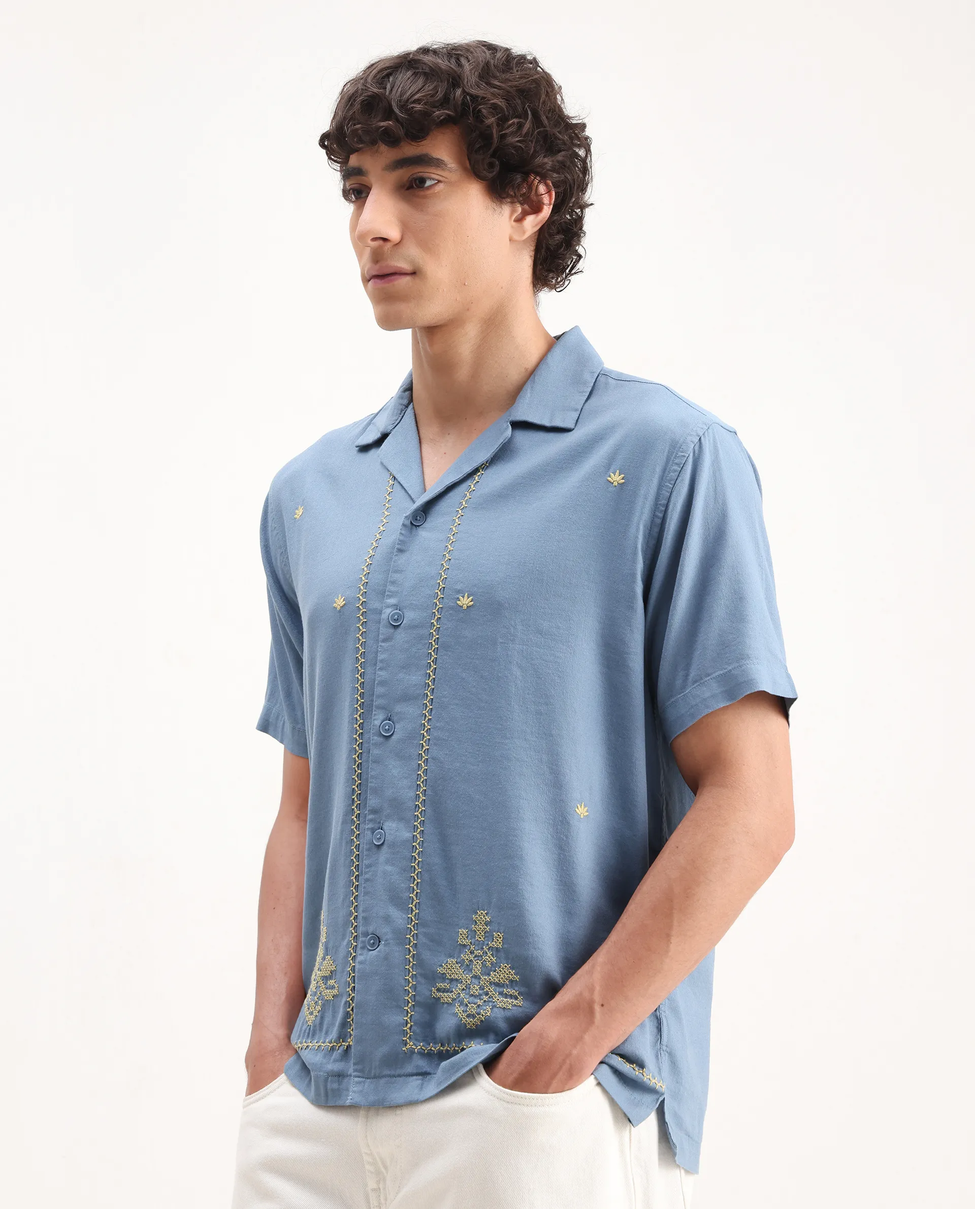 Rare Rabbit Men's Tared Dusky Blue Cotton Embroidered Boxy Fit Half Sleeve Cuban Collar Shirt - Image 4