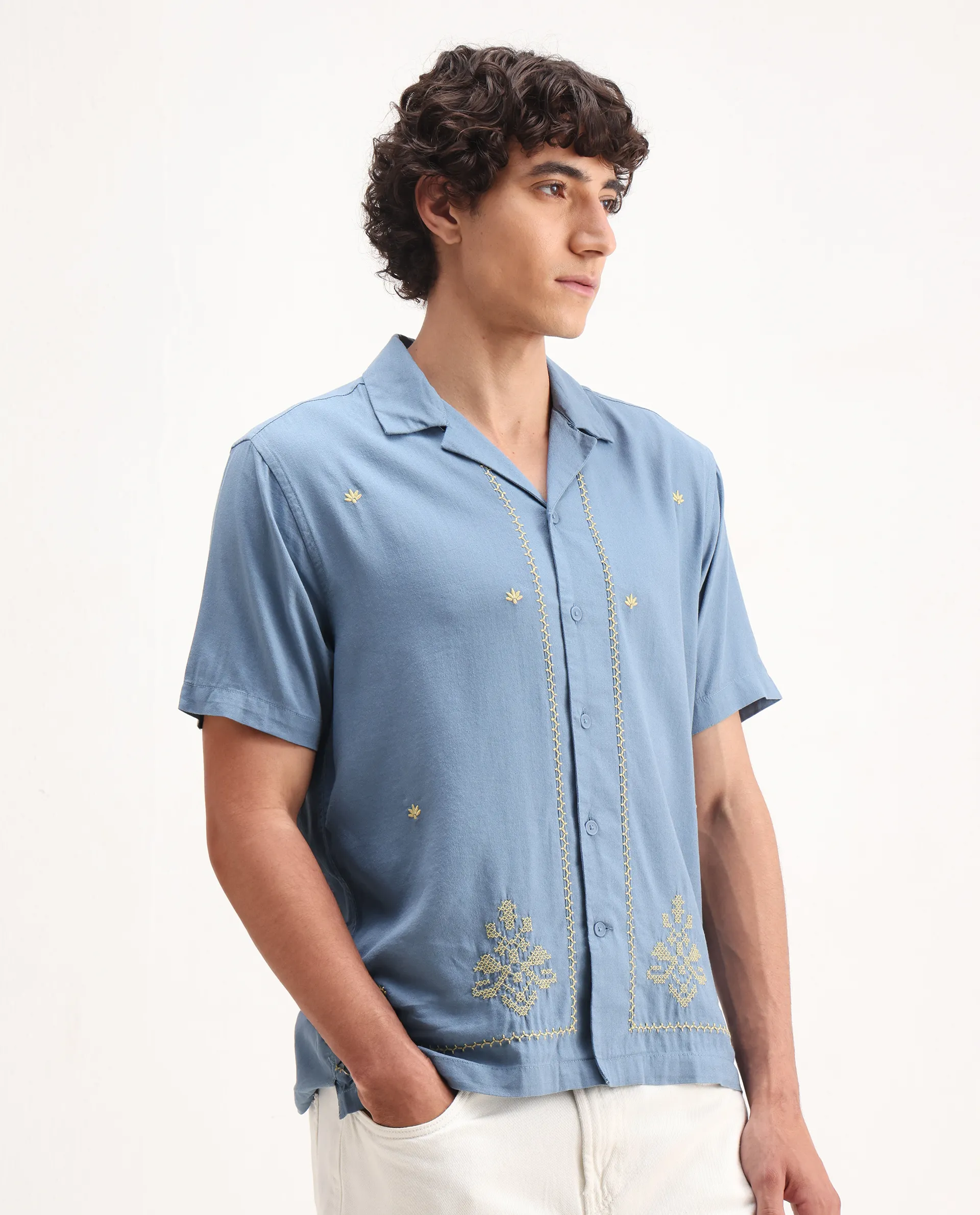 Rare Rabbit Men's Tared Dusky Blue Cotton Embroidered Boxy Fit Half Sleeve Cuban Collar Shirt - Image 5