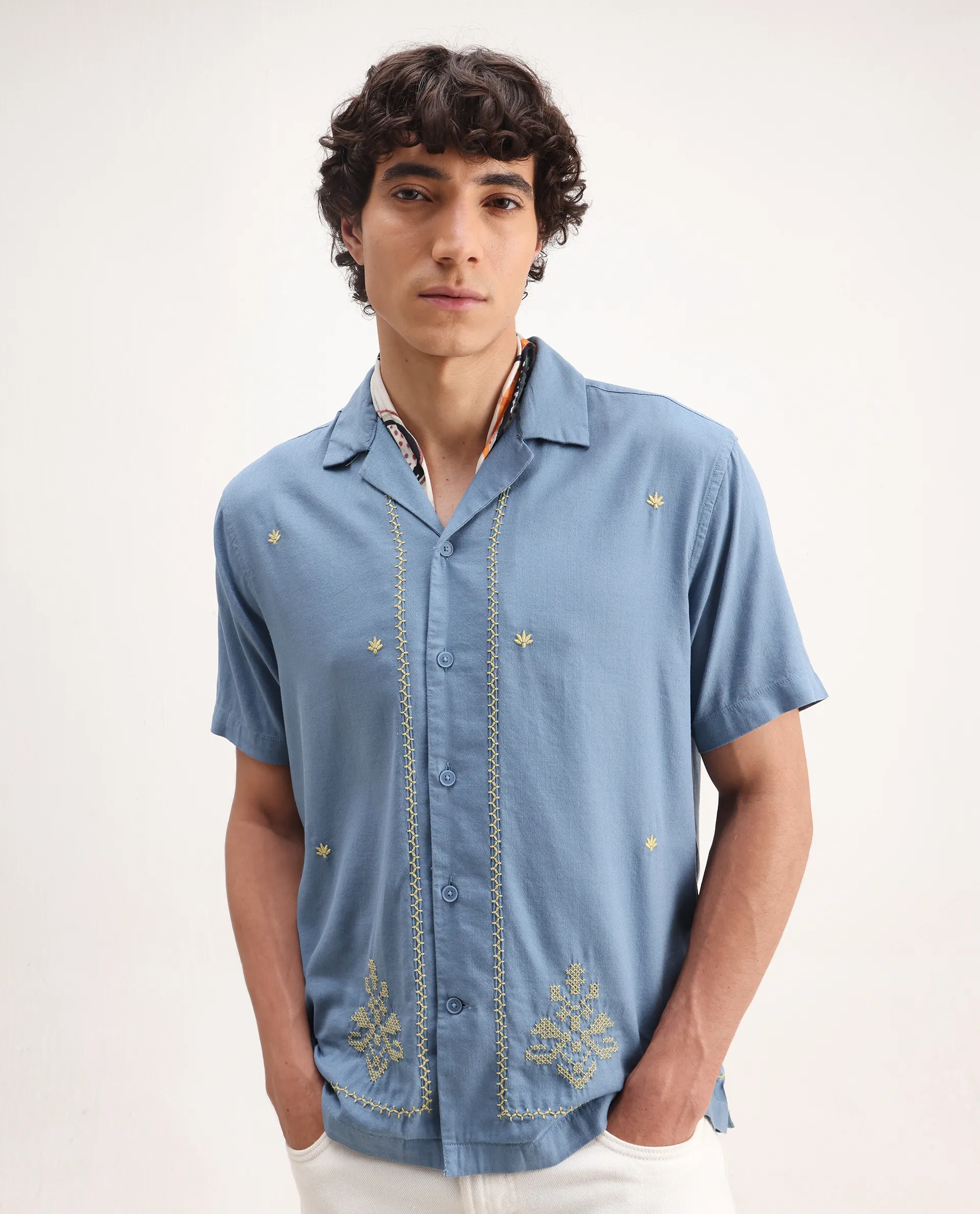 Rare Rabbit Men's Tared Dusky Blue Cotton Embroidered Boxy Fit Half Sleeve Cuban Collar Shirt - Image 6