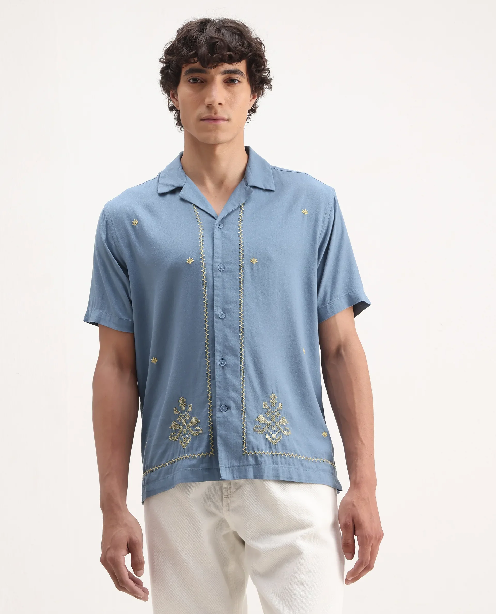 Rare Rabbit Men's Tared Dusky Blue Cotton Embroidered Boxy Fit Half Sleeve Cuban Collar Shirt - Image 7