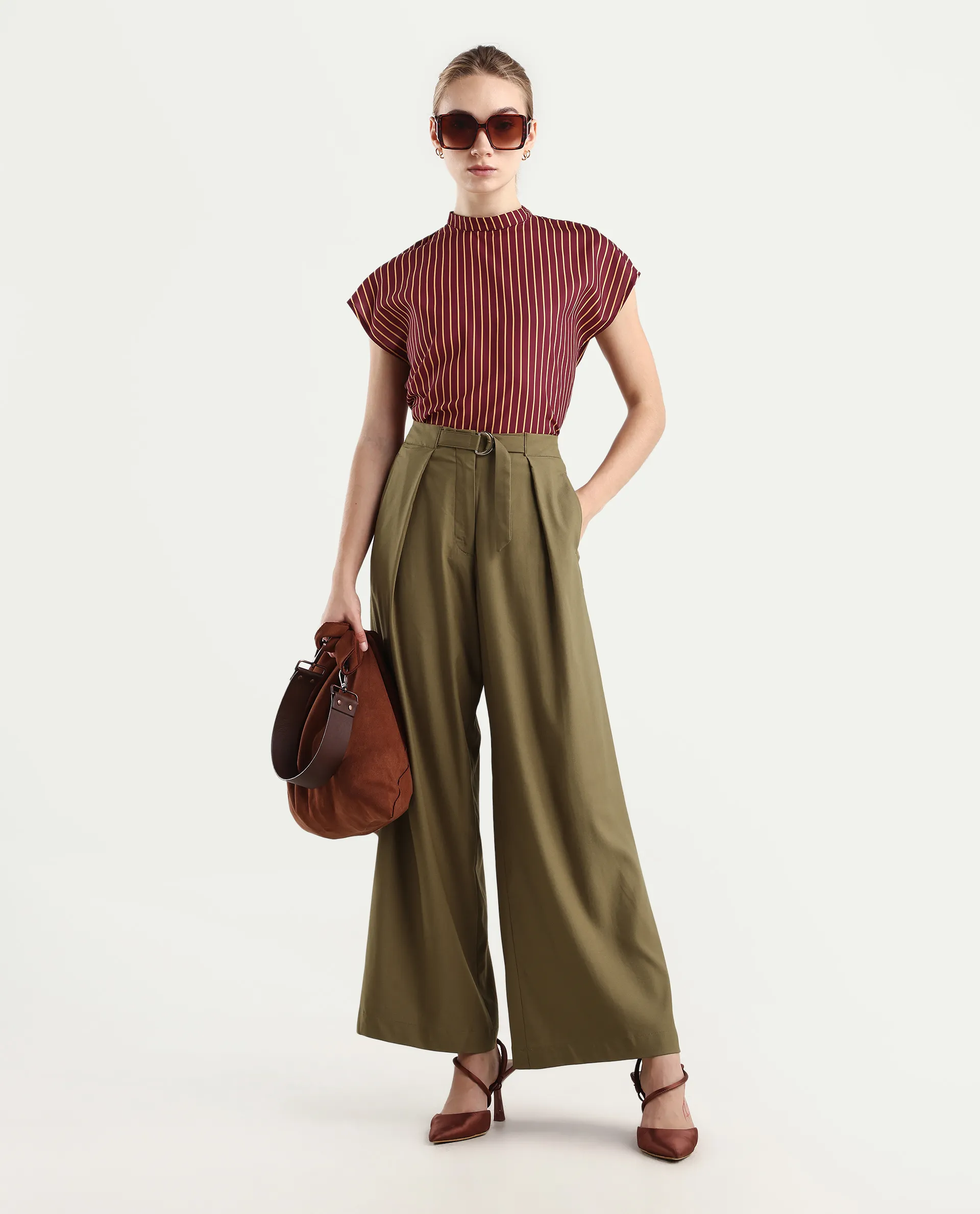 Rareism Women's Tarina Mustard Viscose Blend Plain Ankle Length Wide Trouser