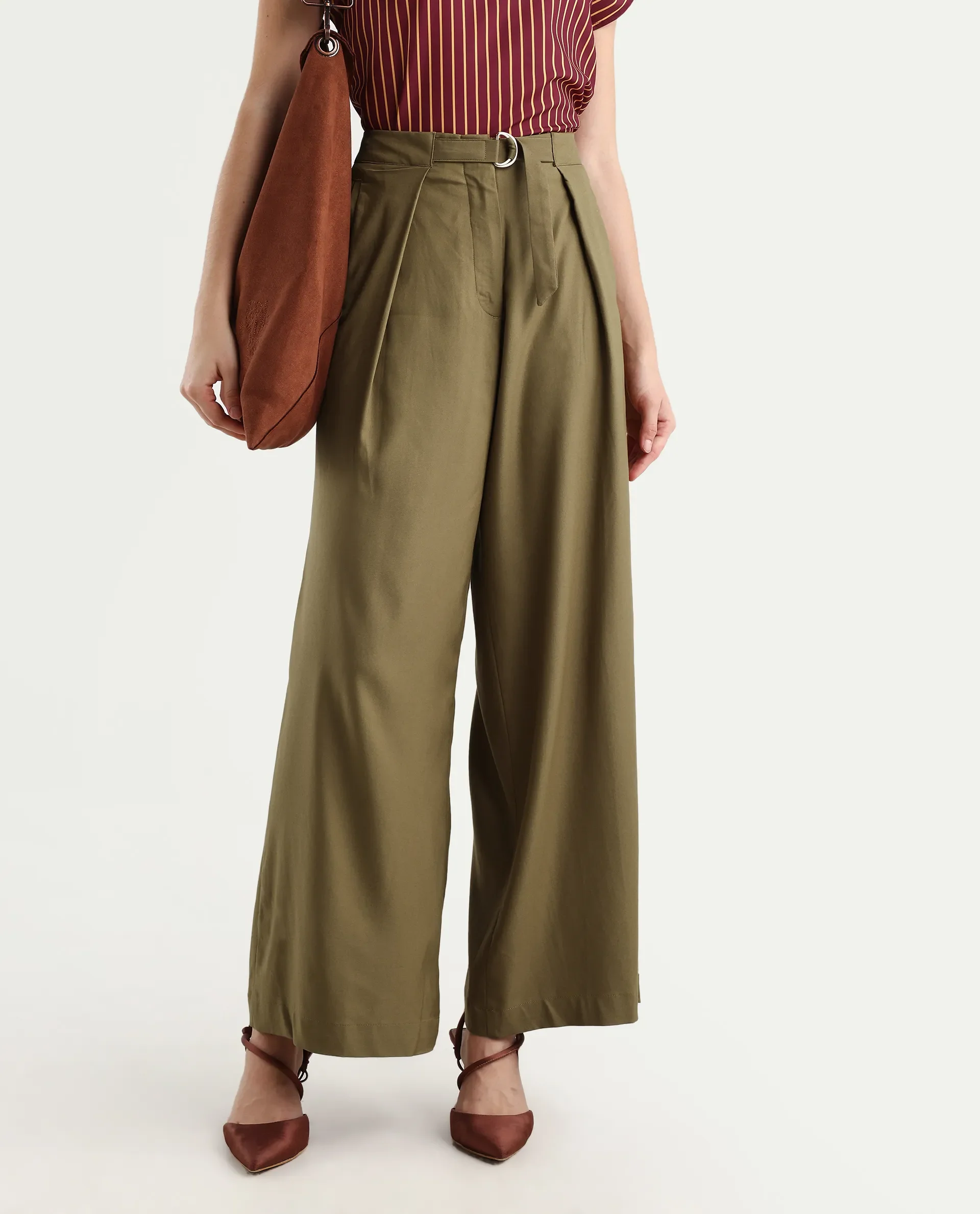 Rareism Women's Tarina Mustard Viscose Blend Plain Ankle Length Wide Trouser - Image 2