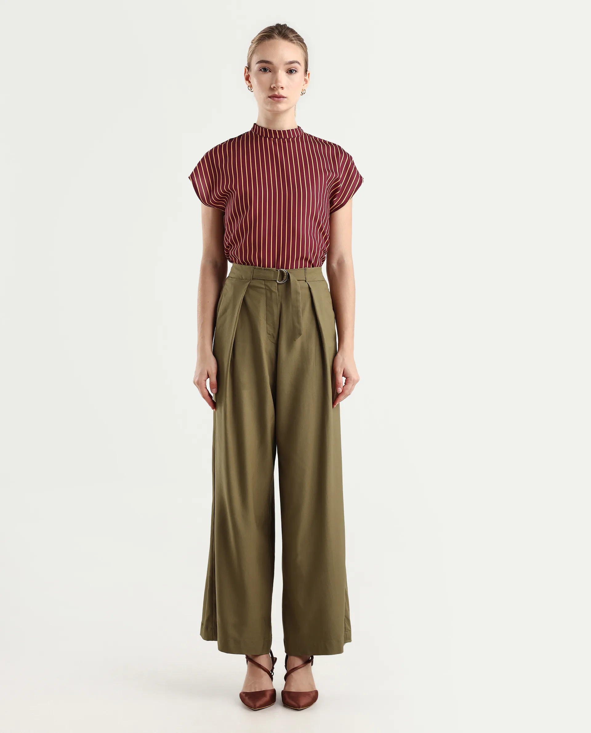 Rareism Women's Tarina Mustard Viscose Blend Plain Ankle Length Wide Trouser - Image 3