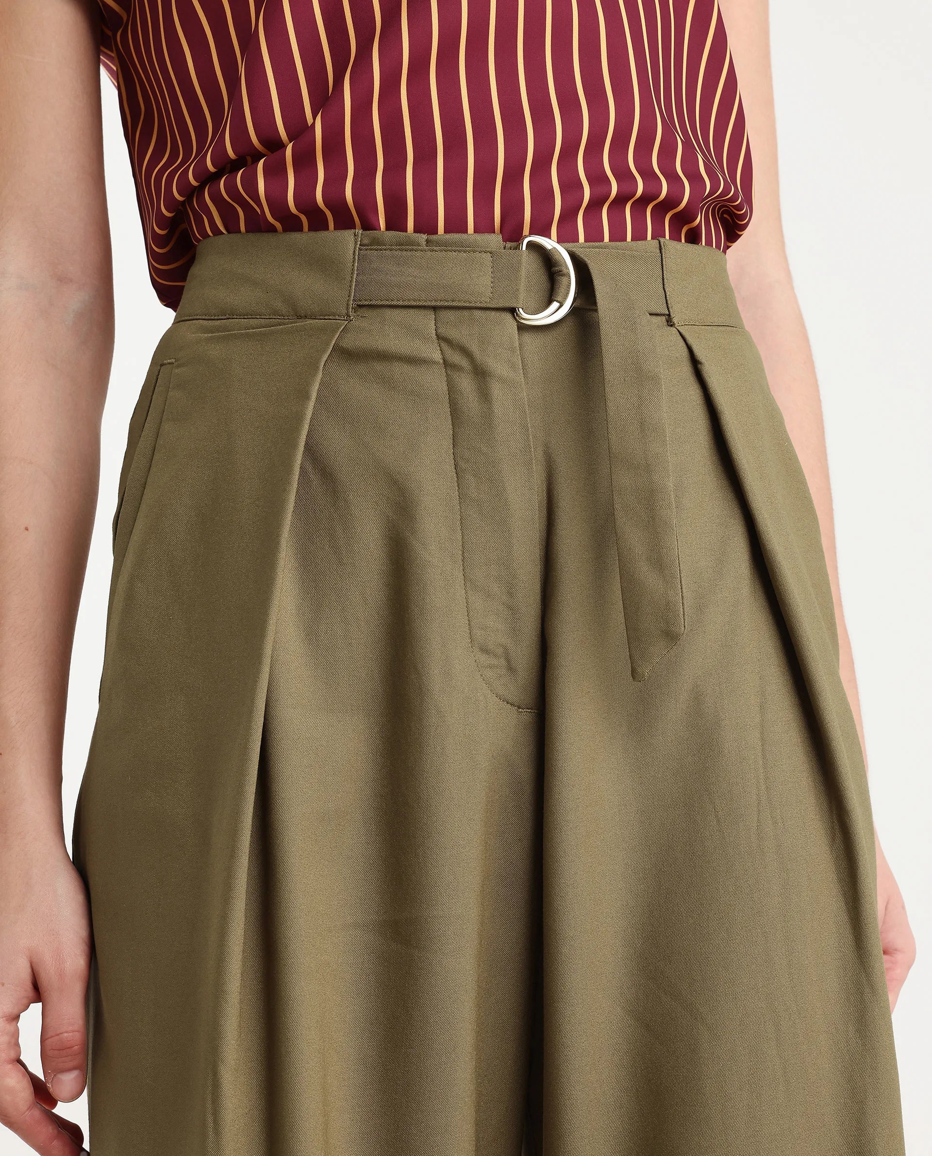 Rareism Women's Tarina Mustard Viscose Blend Plain Ankle Length Wide Trouser - Image 4