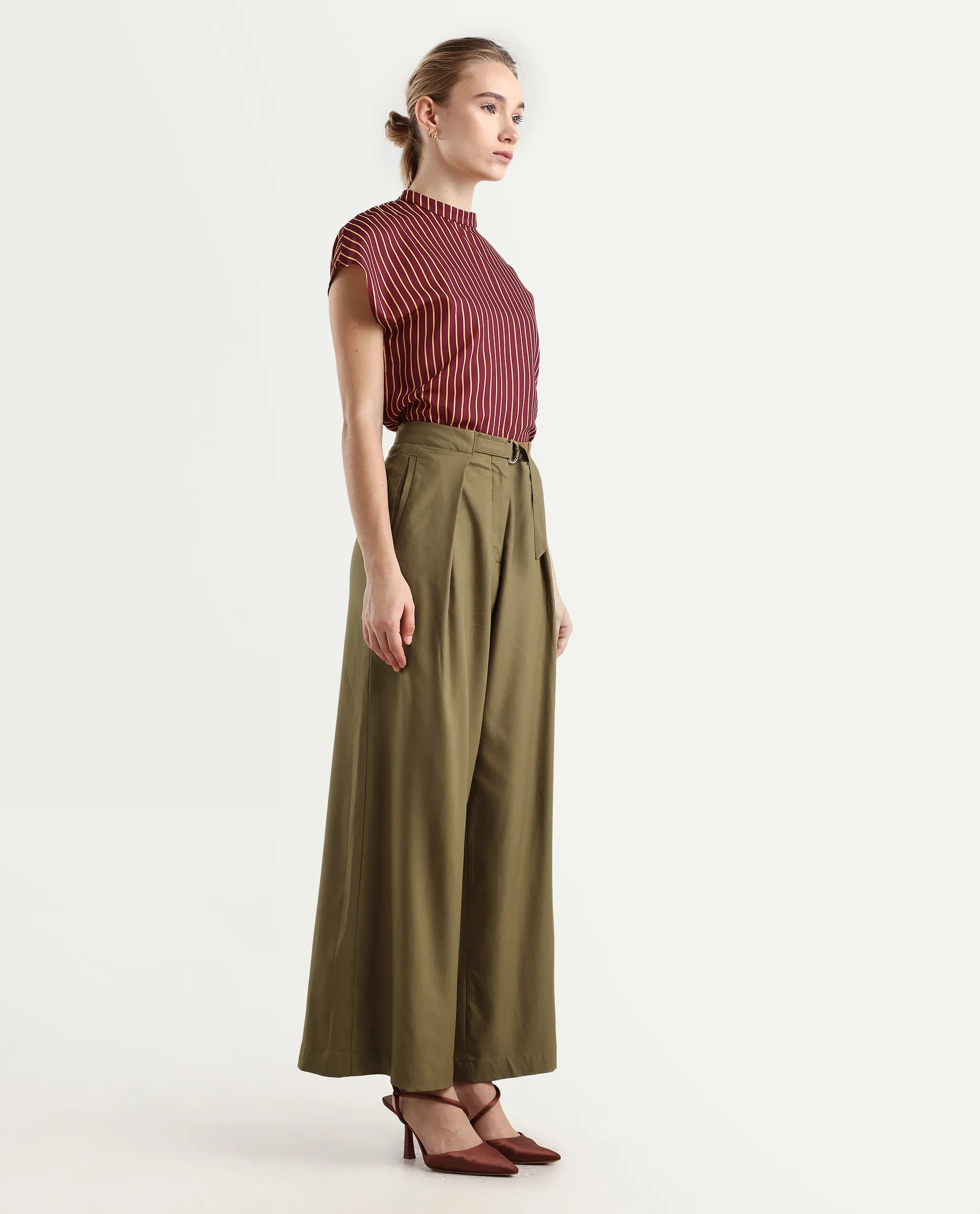 Rareism Women's Tarina Mustard Viscose Blend Plain Ankle Length Wide Trouser - Image 5