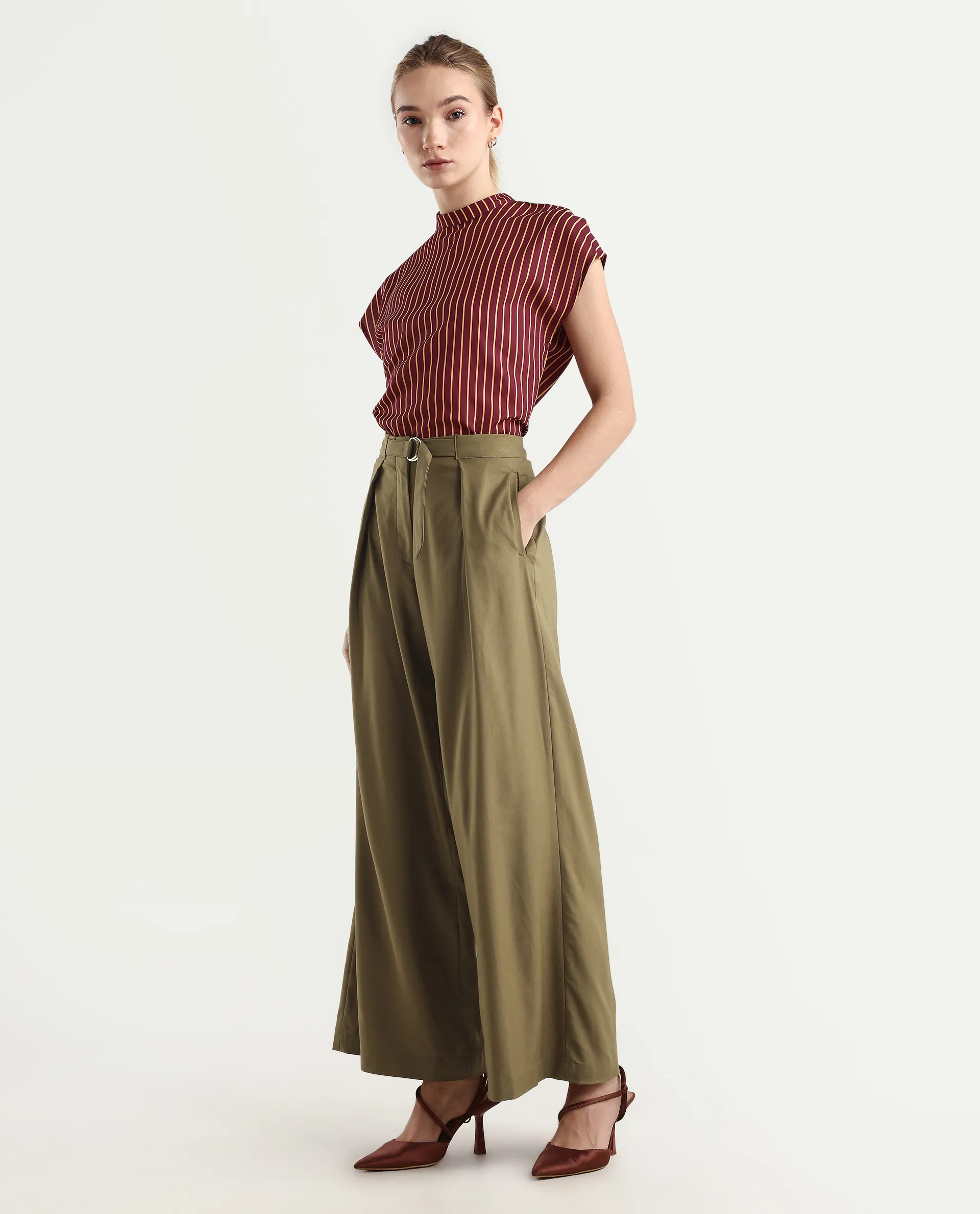 Rareism Women's Tarina Mustard Viscose Blend Plain Ankle Length Wide Trouser - Image 6