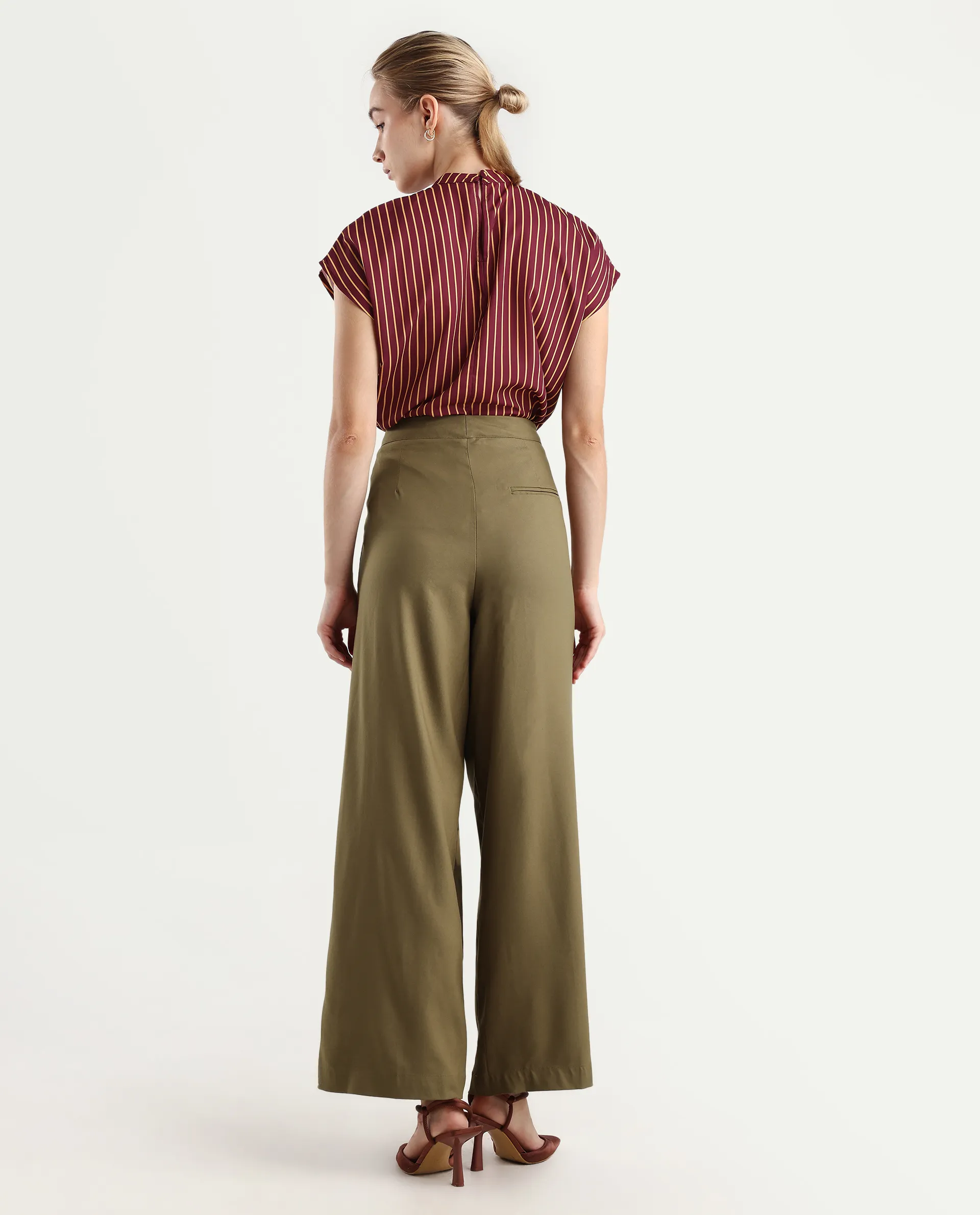 Rareism Women's Tarina Mustard Viscose Blend Plain Ankle Length Wide Trouser - Image 7