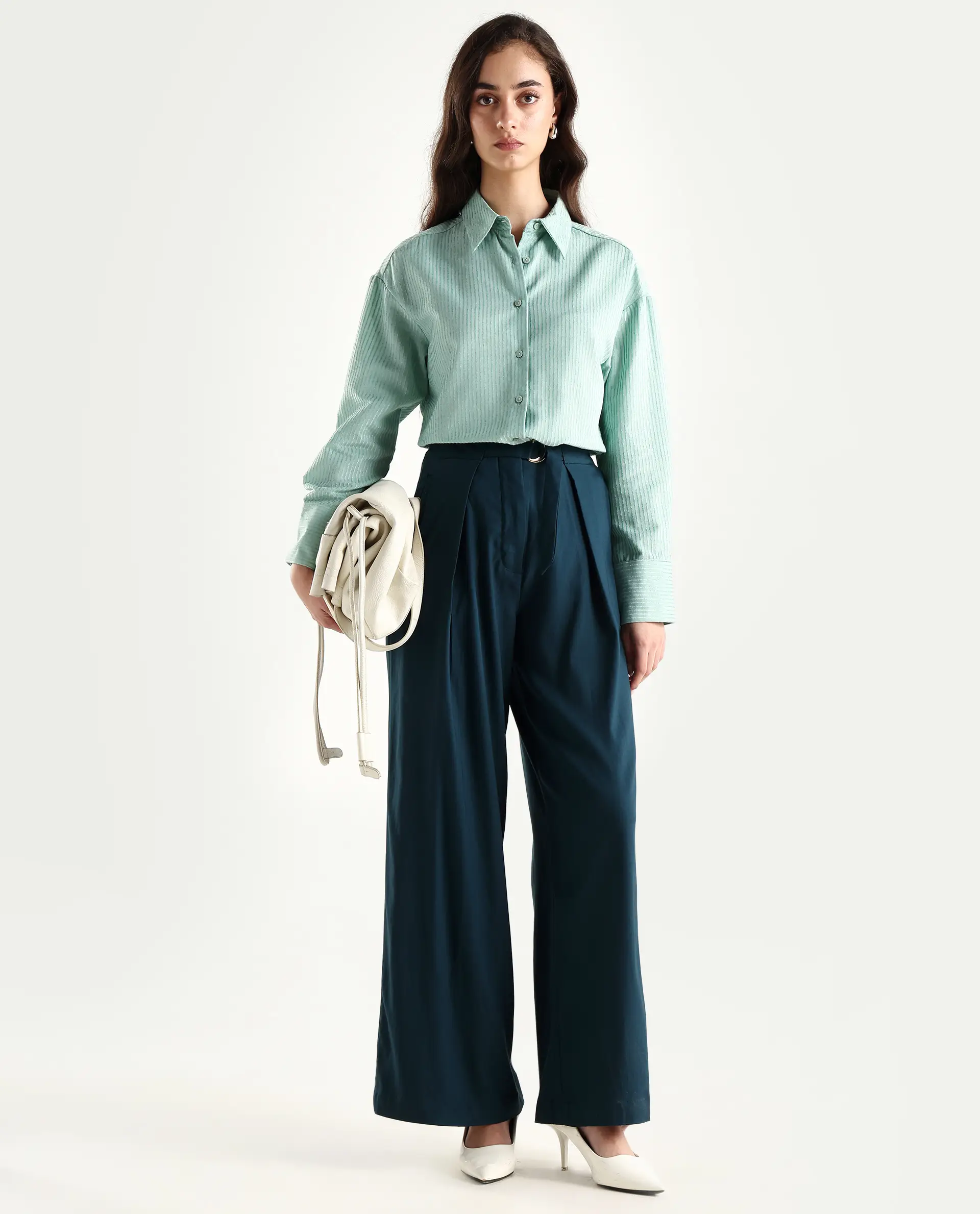 Rareism Women's Tarina Teal Viscose Blend Plain Ankle Length Wide Trouser - Image 2