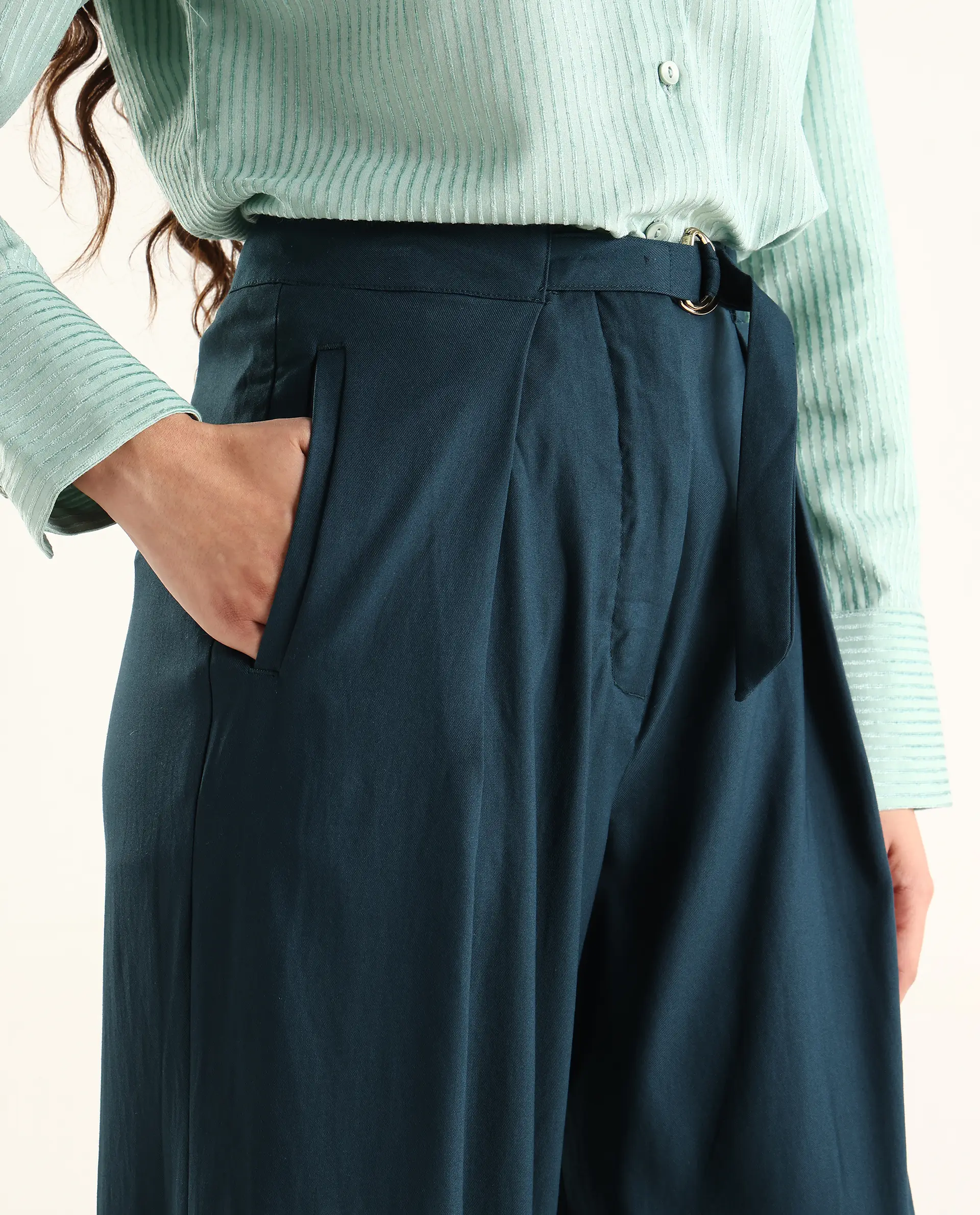 Rareism Women's Tarina Teal Viscose Blend Plain Ankle Length Wide Trouser - Image 3