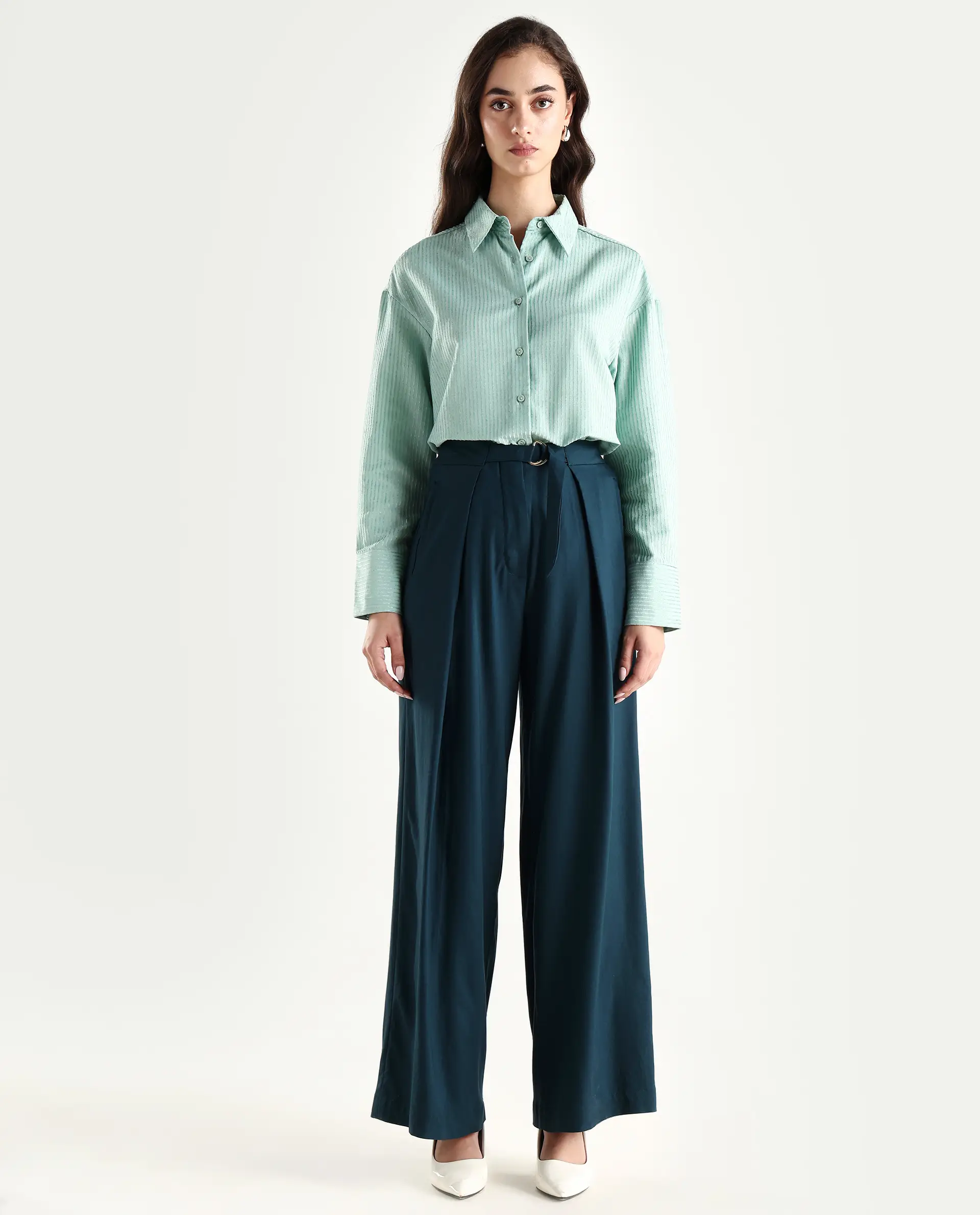 Rareism Women's Tarina Teal Viscose Blend Plain Ankle Length Wide Trouser - Image 4