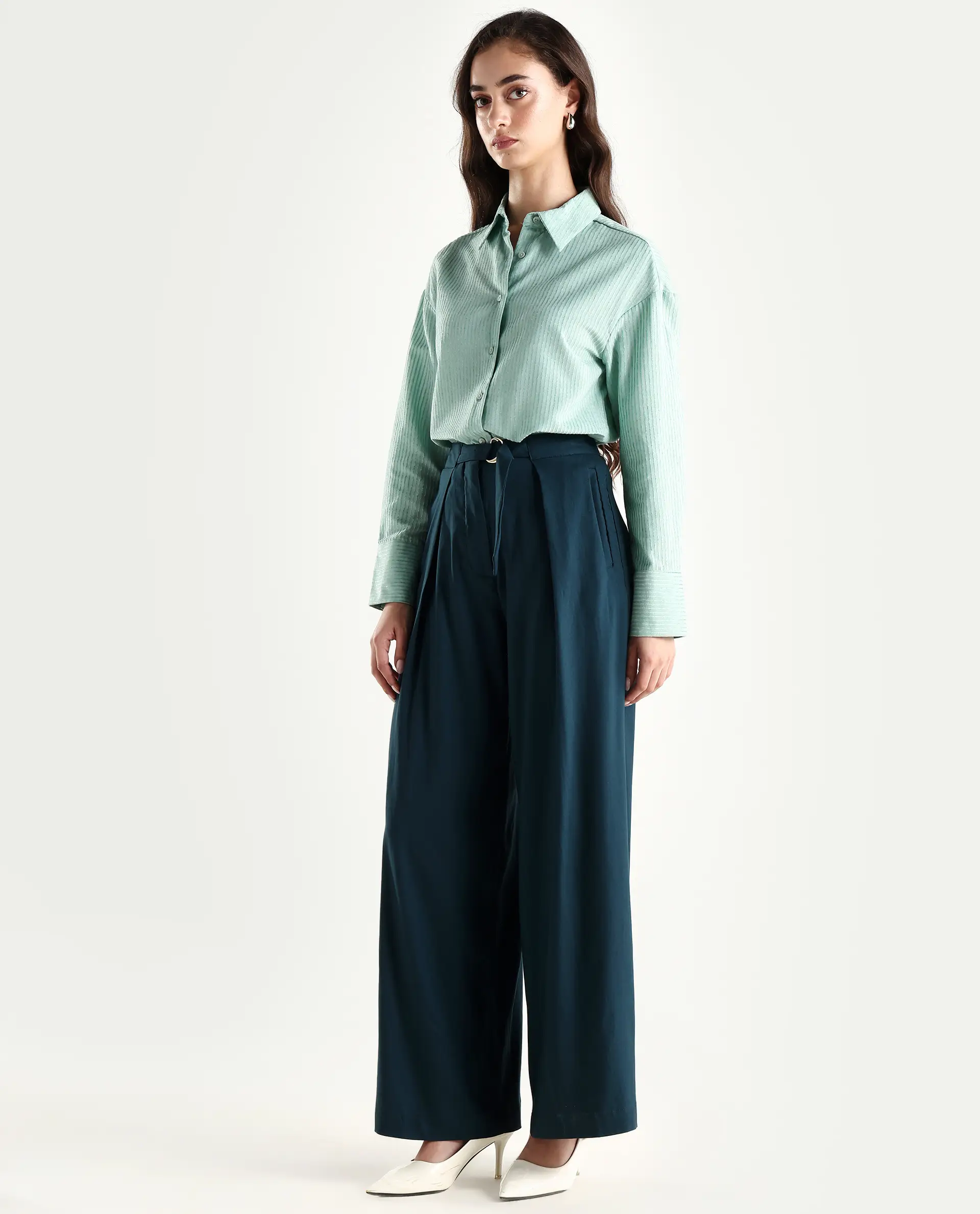 Rareism Women's Tarina Teal Viscose Blend Plain Ankle Length Wide Trouser - Image 5
