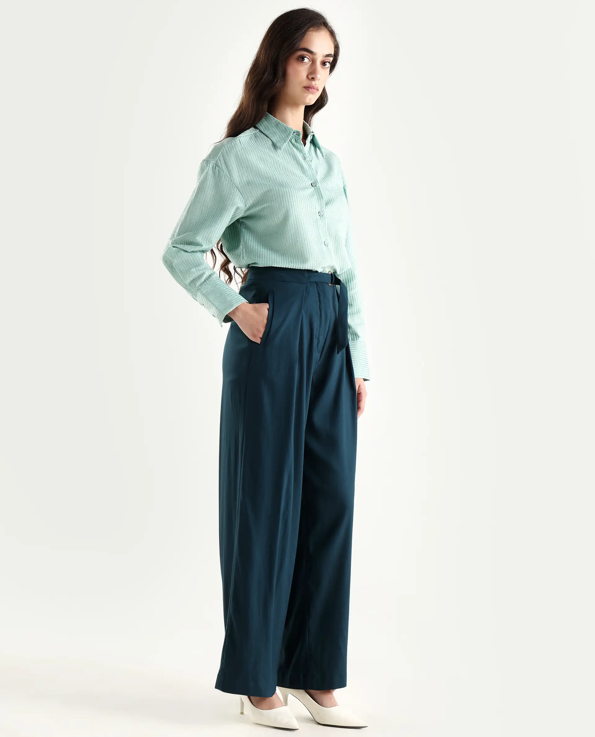 Rareism Women's Tarina Teal Viscose Blend Plain Ankle Length Wide Trouser - Image 6