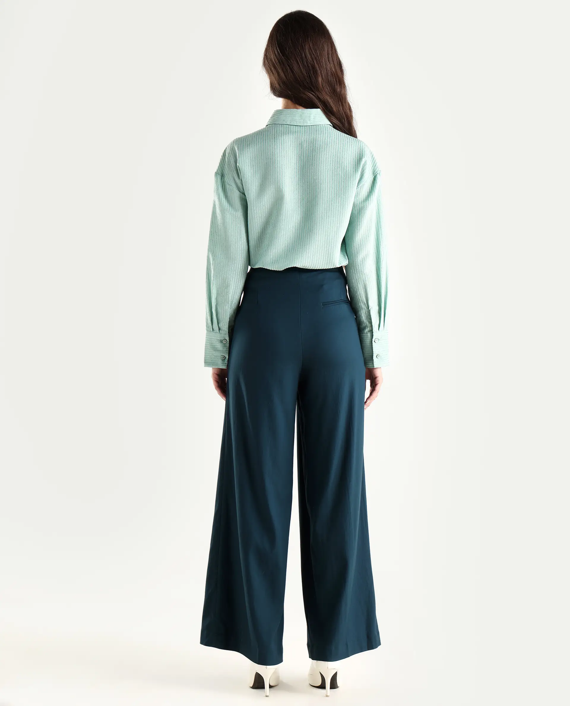 Rareism Women's Tarina Teal Viscose Blend Plain Ankle Length Wide Trouser - Image 7