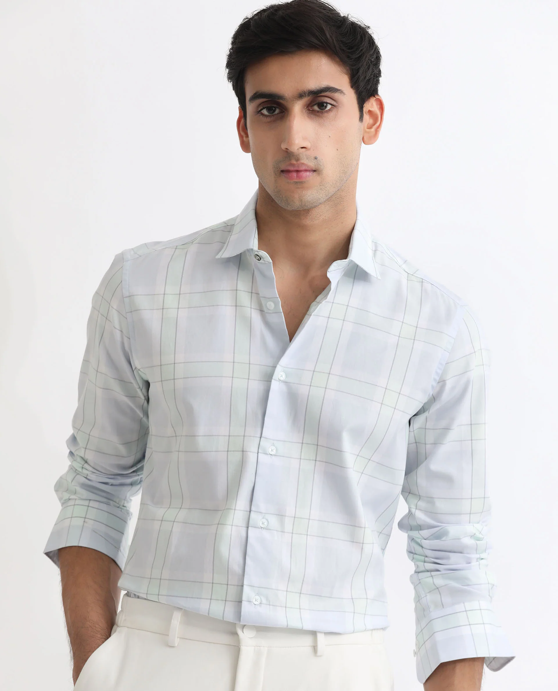 Rare Rabbit Men's Tarkin Light Blue Cotton Checked Print Regular Fit Full Sleeve Spread Collar Shirt