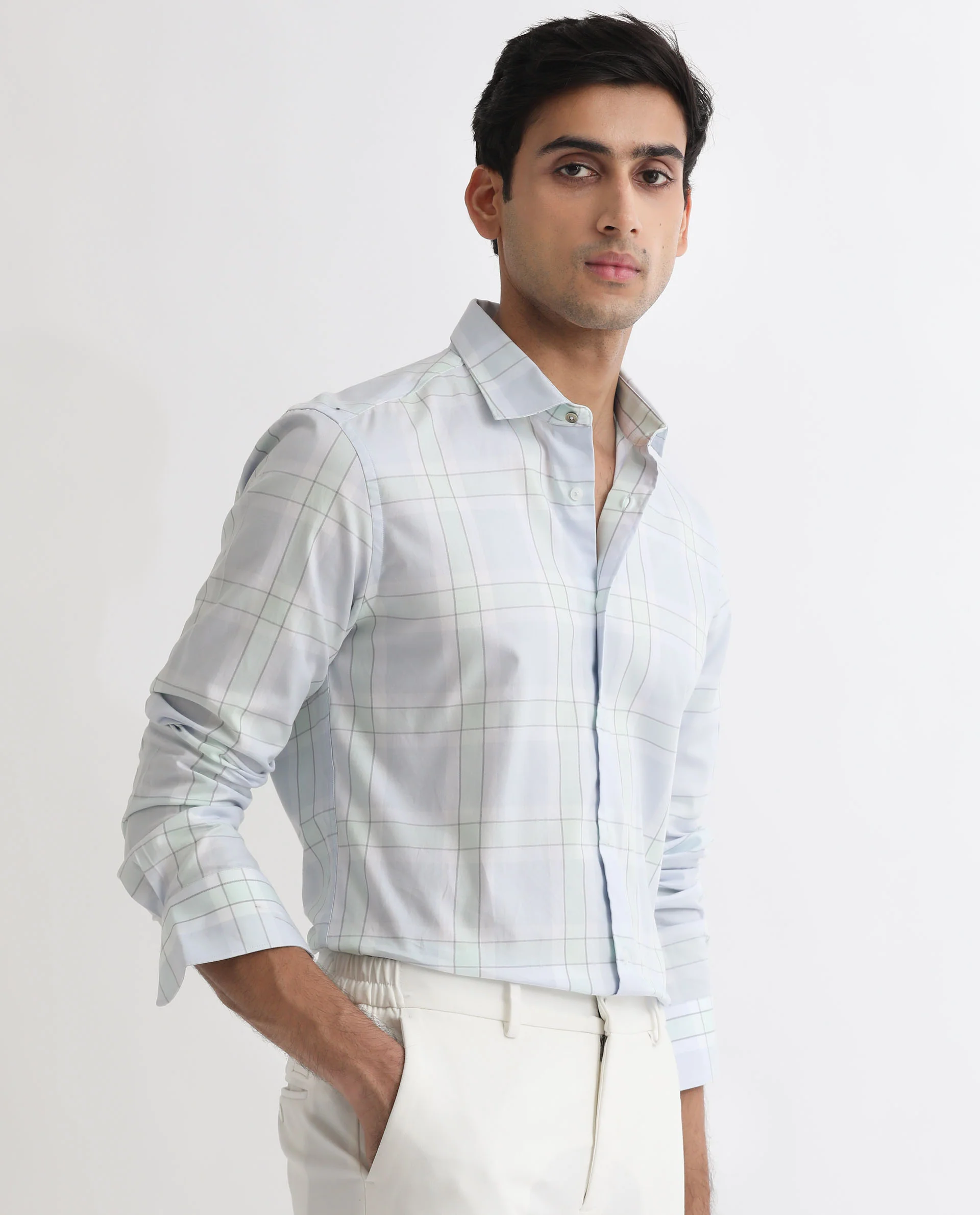 Rare Rabbit Men's Tarkin Light Blue Cotton Checked Print Regular Fit Full Sleeve Spread Collar Shirt - Image 5