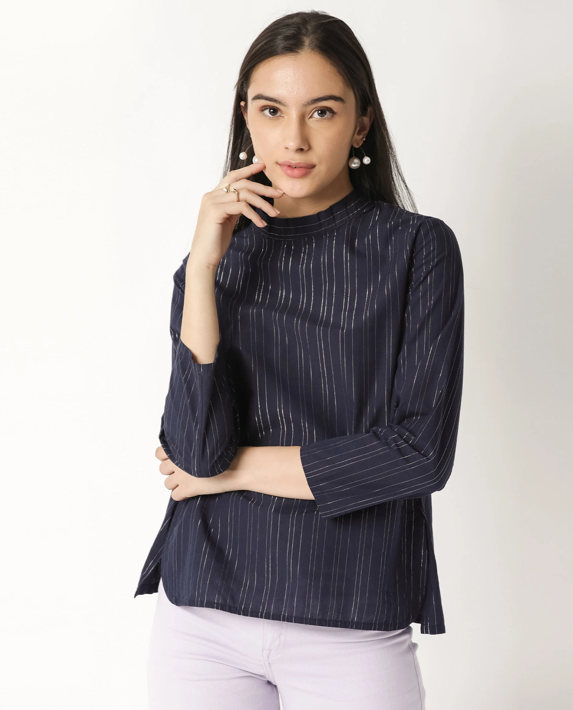 Rareism Women's Tarnish Navy High Neck Striped Regular Fit Top