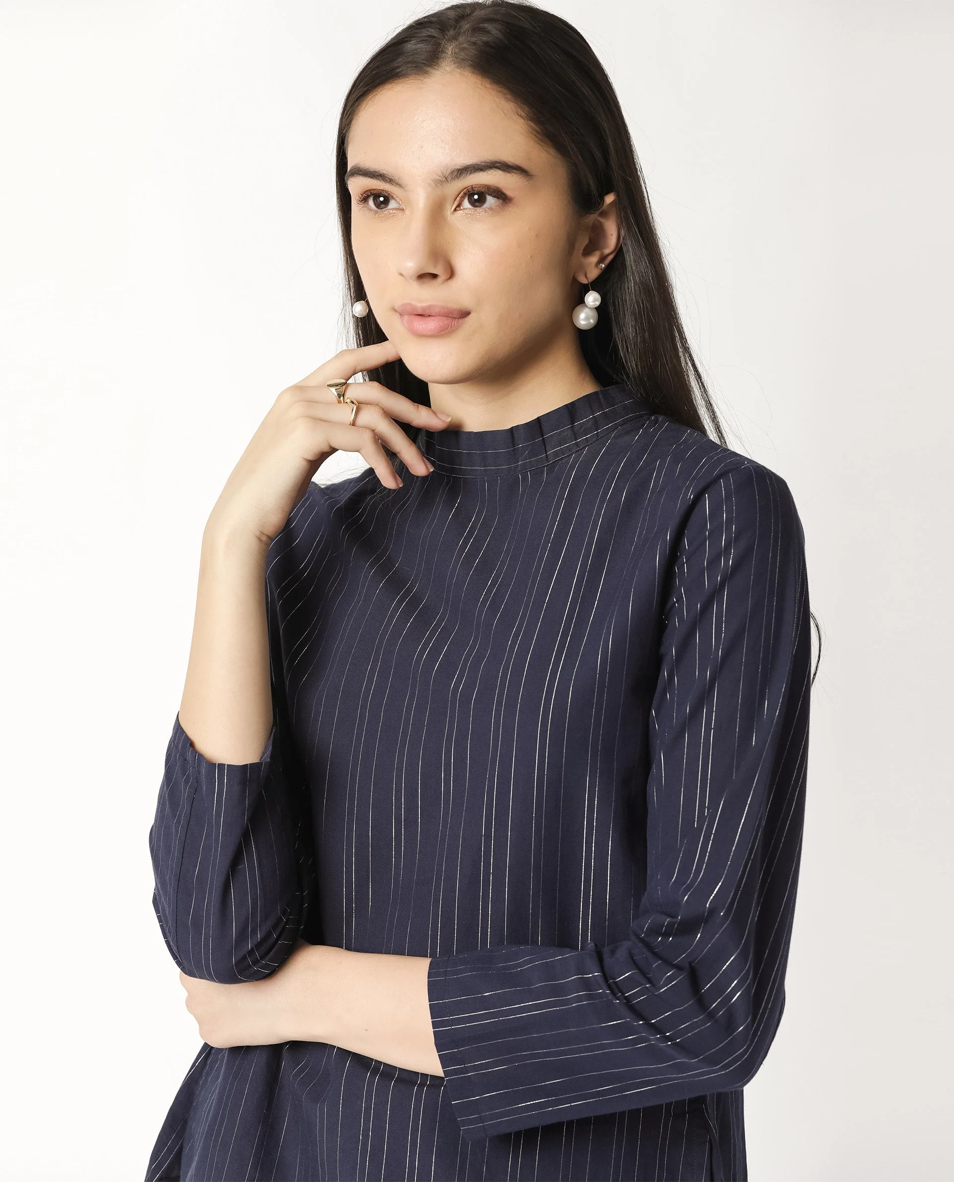 Rareism Women's Tarnish Navy High Neck Striped Regular Fit Top - Image 2