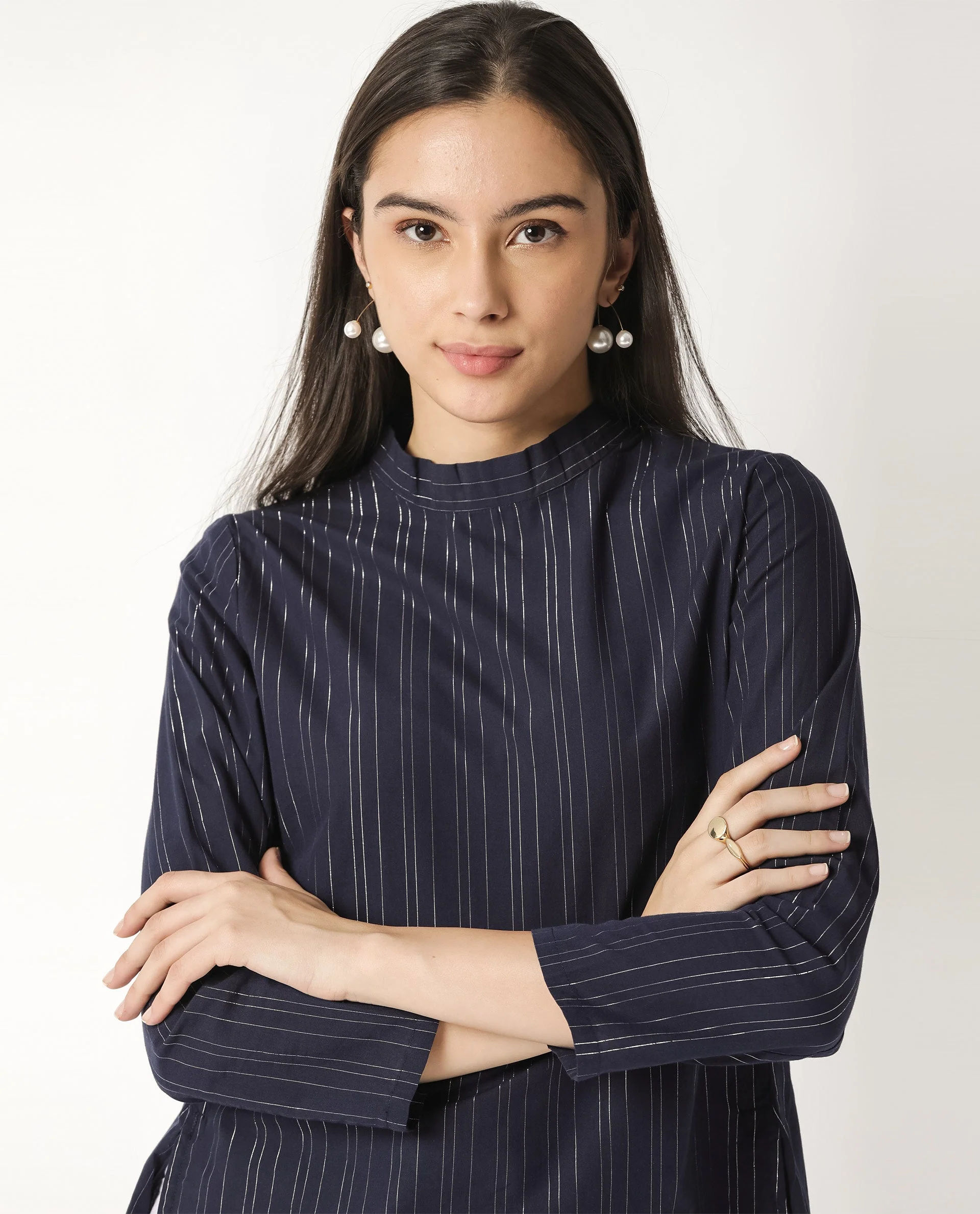 Rareism Women's Tarnish Navy High Neck Striped Regular Fit Top - Image 3