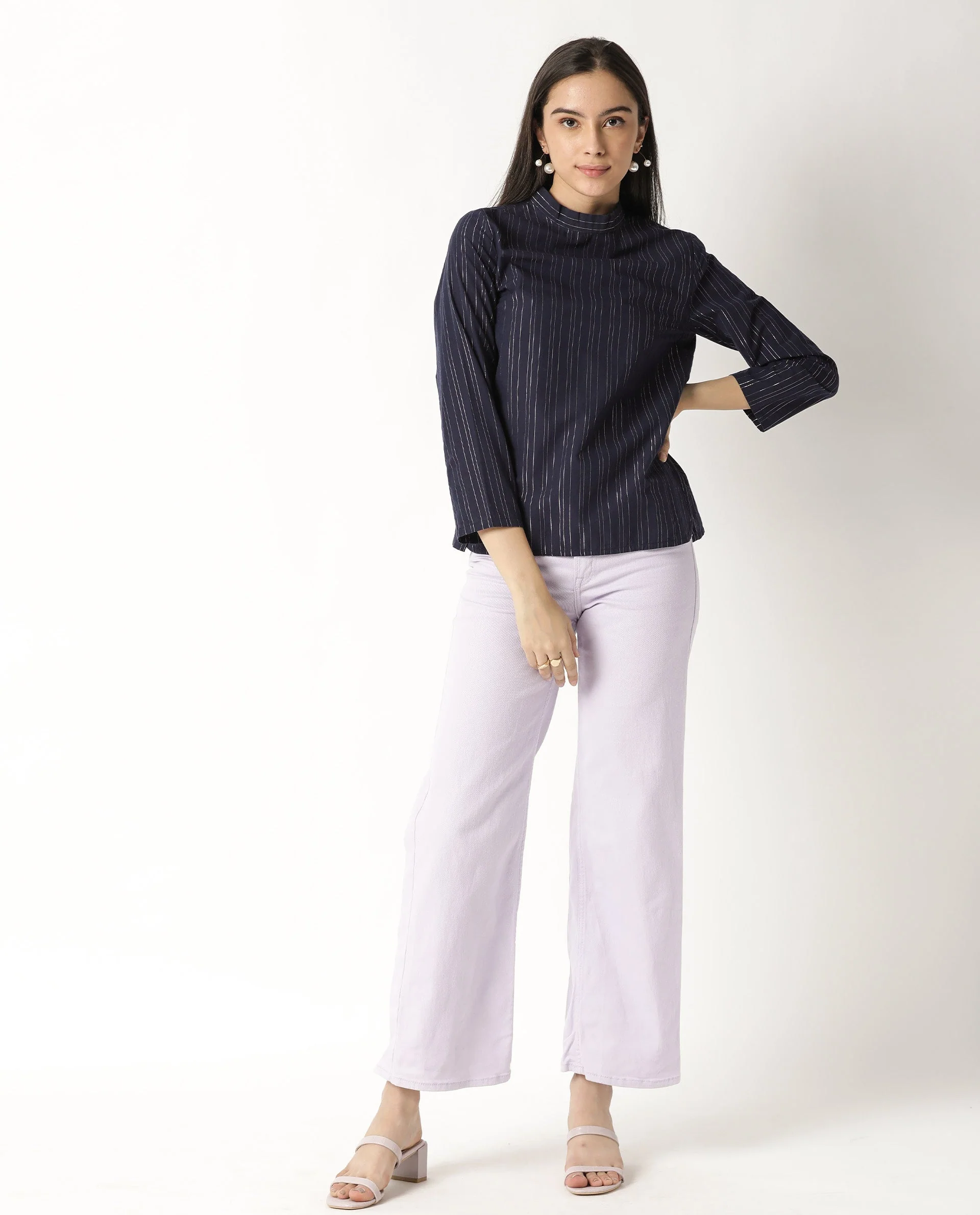 Rareism Women's Tarnish Navy High Neck Striped Regular Fit Top - Image 4