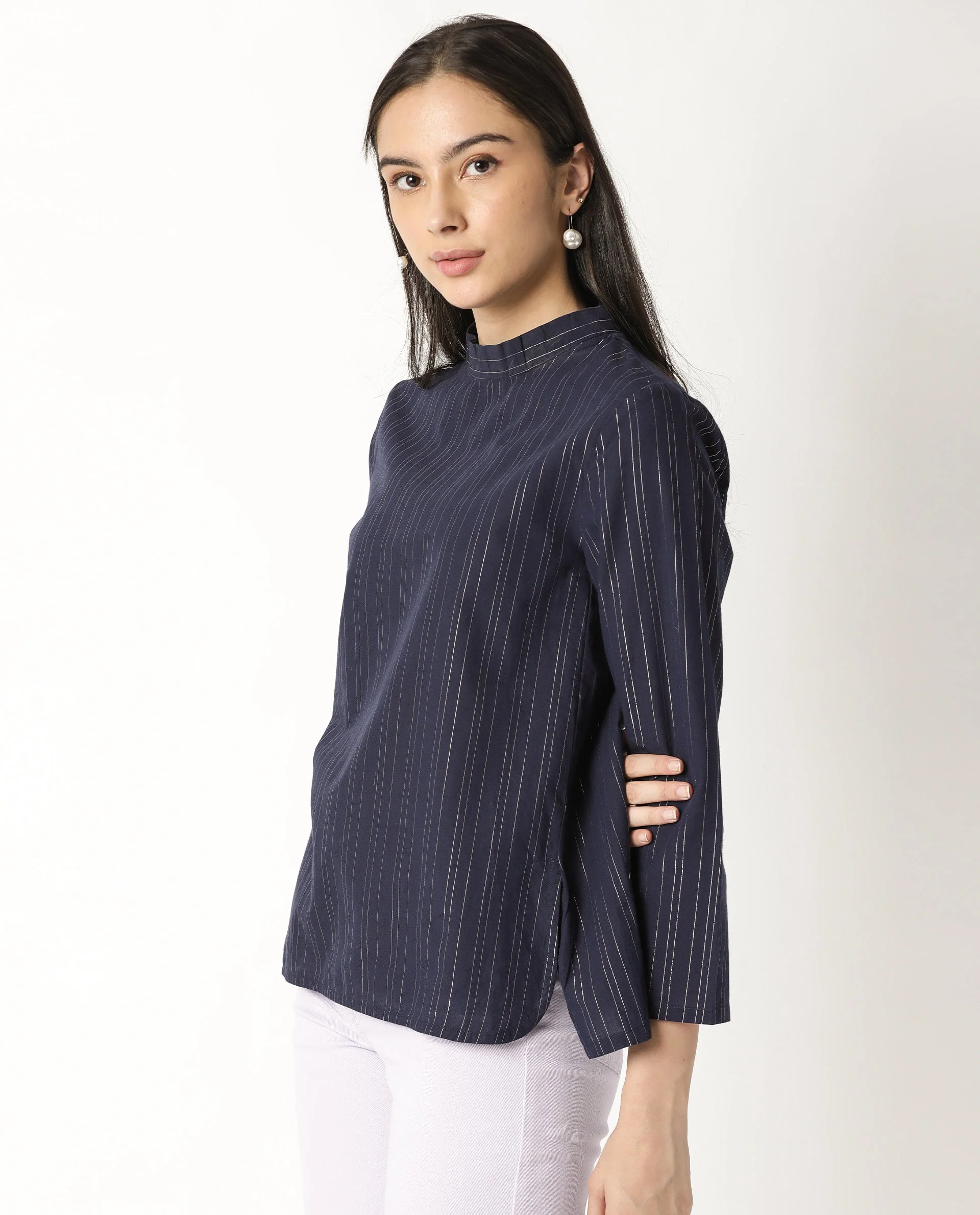 Rareism Women's Tarnish Navy High Neck Striped Regular Fit Top - Image 5