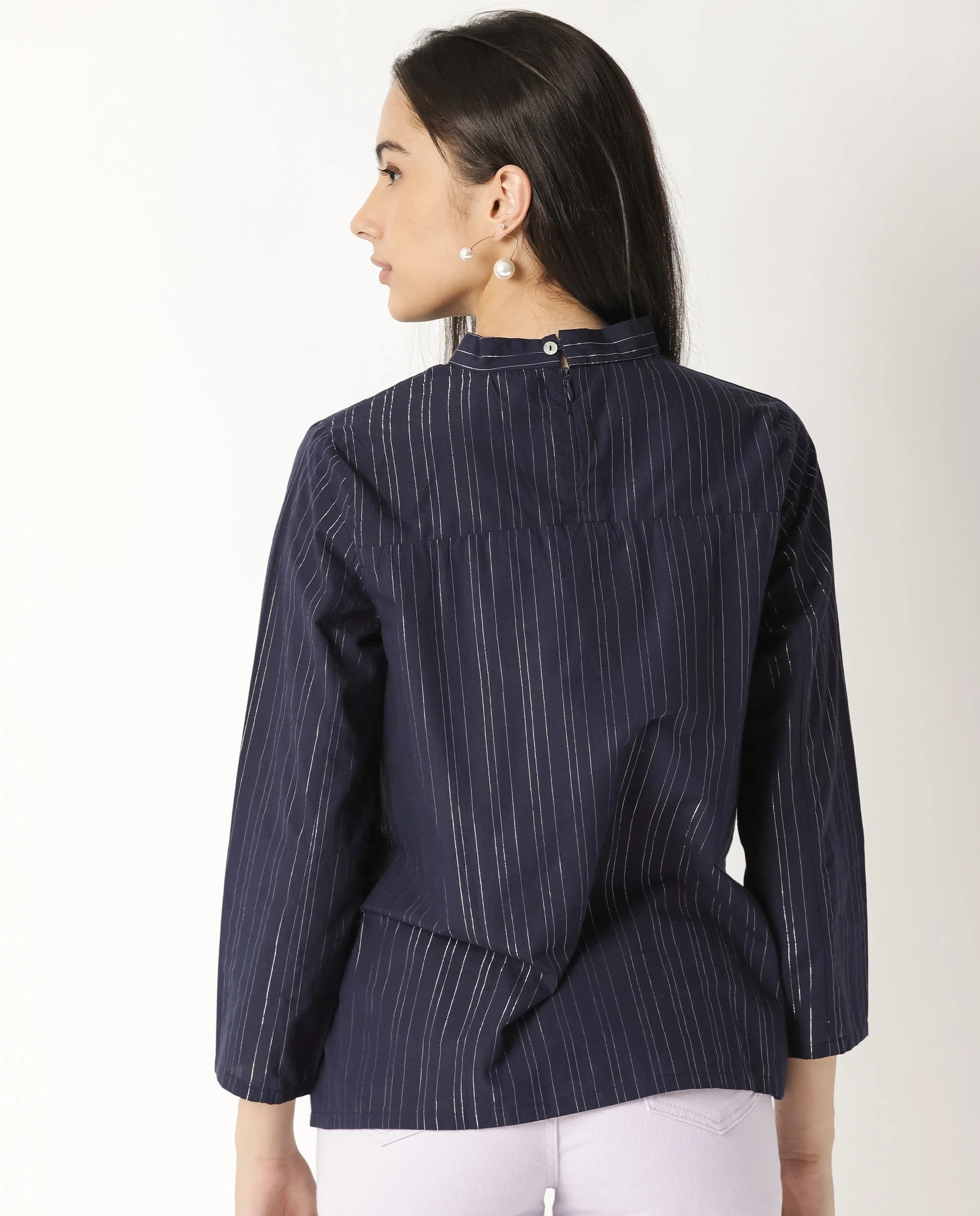 Rareism Women's Tarnish Navy High Neck Striped Regular Fit Top - Image 6