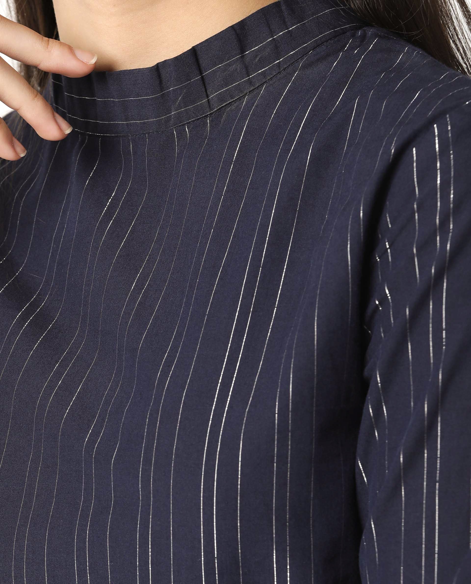 Rareism Women's Tarnish Navy High Neck Striped Regular Fit Top - Image 7