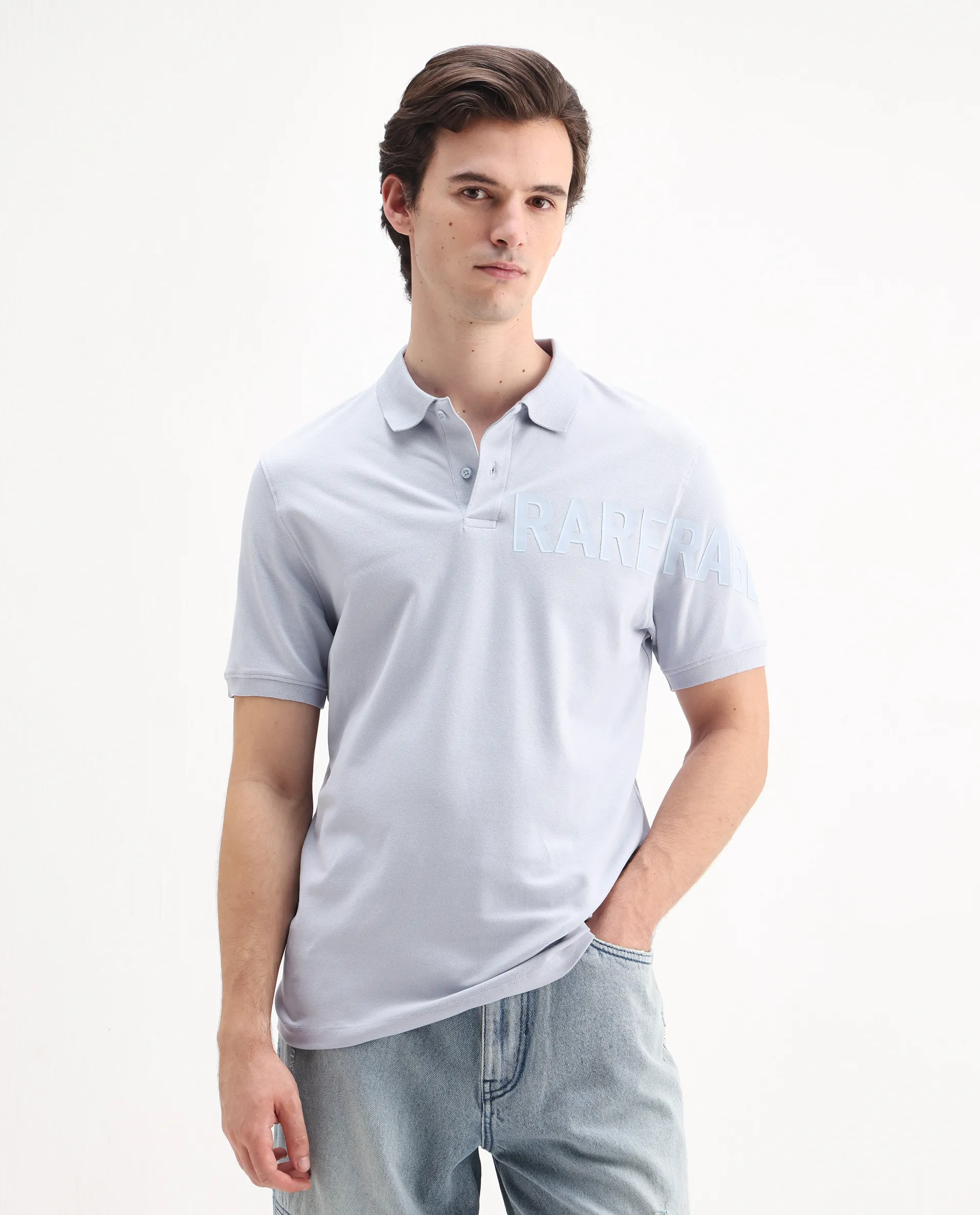 Rare Rabbit Men's Taro Blue Cotton Plain Regular Fit Half Sleeve Polo - Image 4