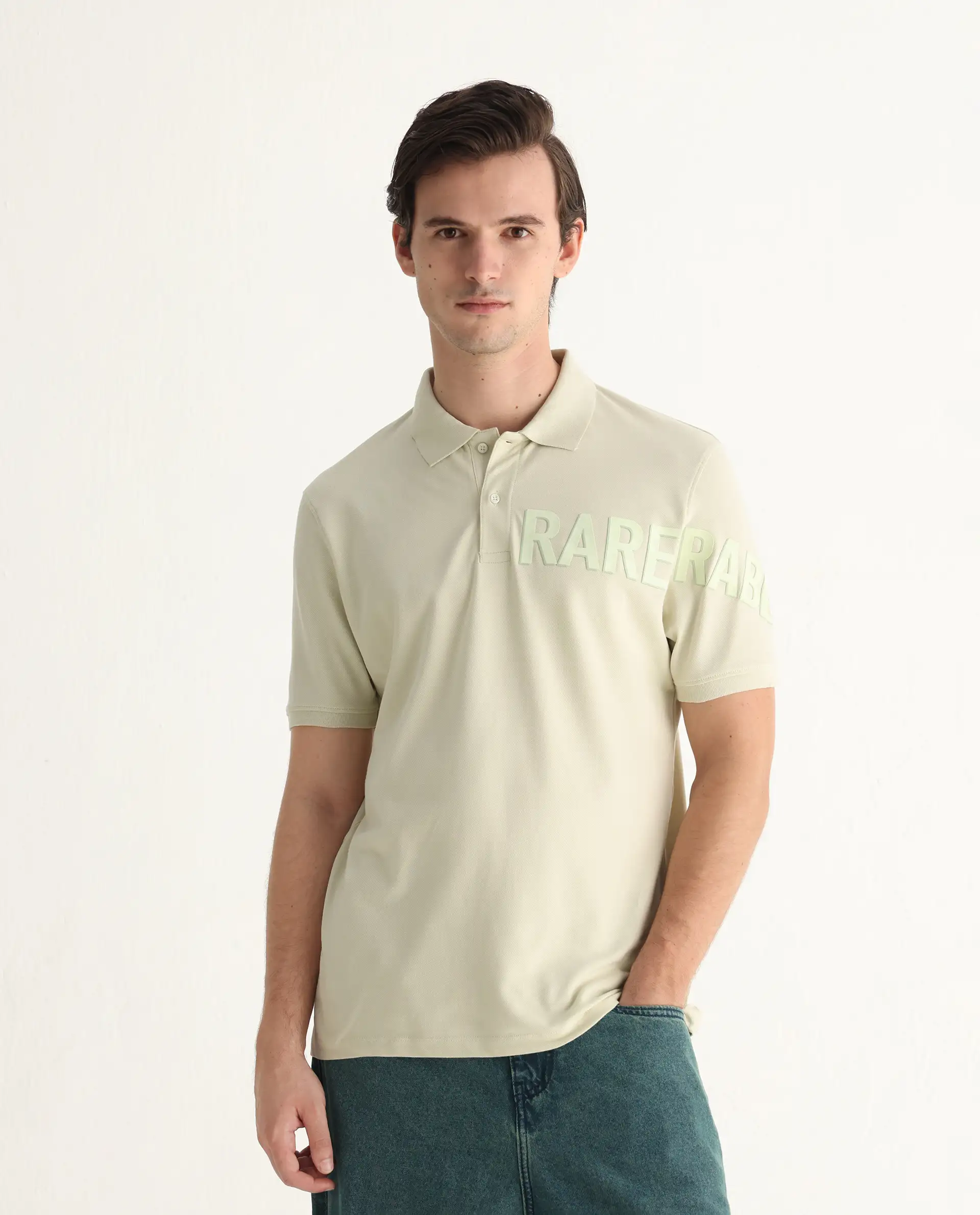 Rare Rabbit Men's Taro Dusky Green Cotton Plain Regular Fit Half Sleeve Polo - Image 3