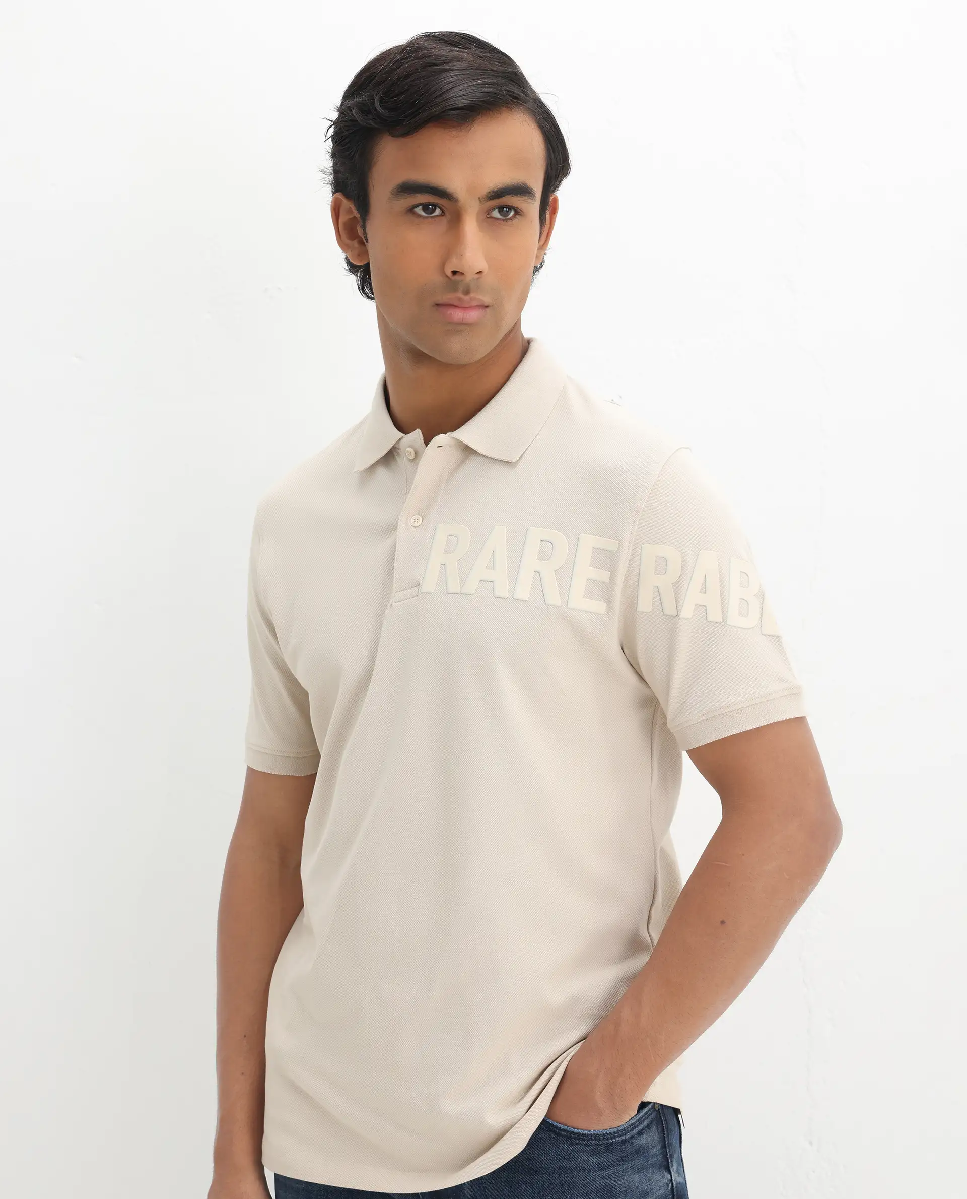 Rare Rabbit Men's Taro Light Beige Cotton Graphic Print Regular Fit Half Sleeve Polo - Image 4